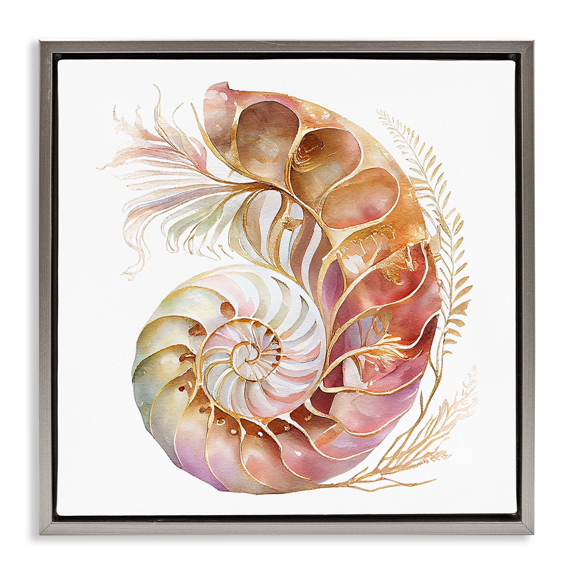 Stupell Industries Curled Nautilus Pattern Nautical & Beach Painting Gray Floater Framed Canvas Art Print Wall Art, 18 x 18