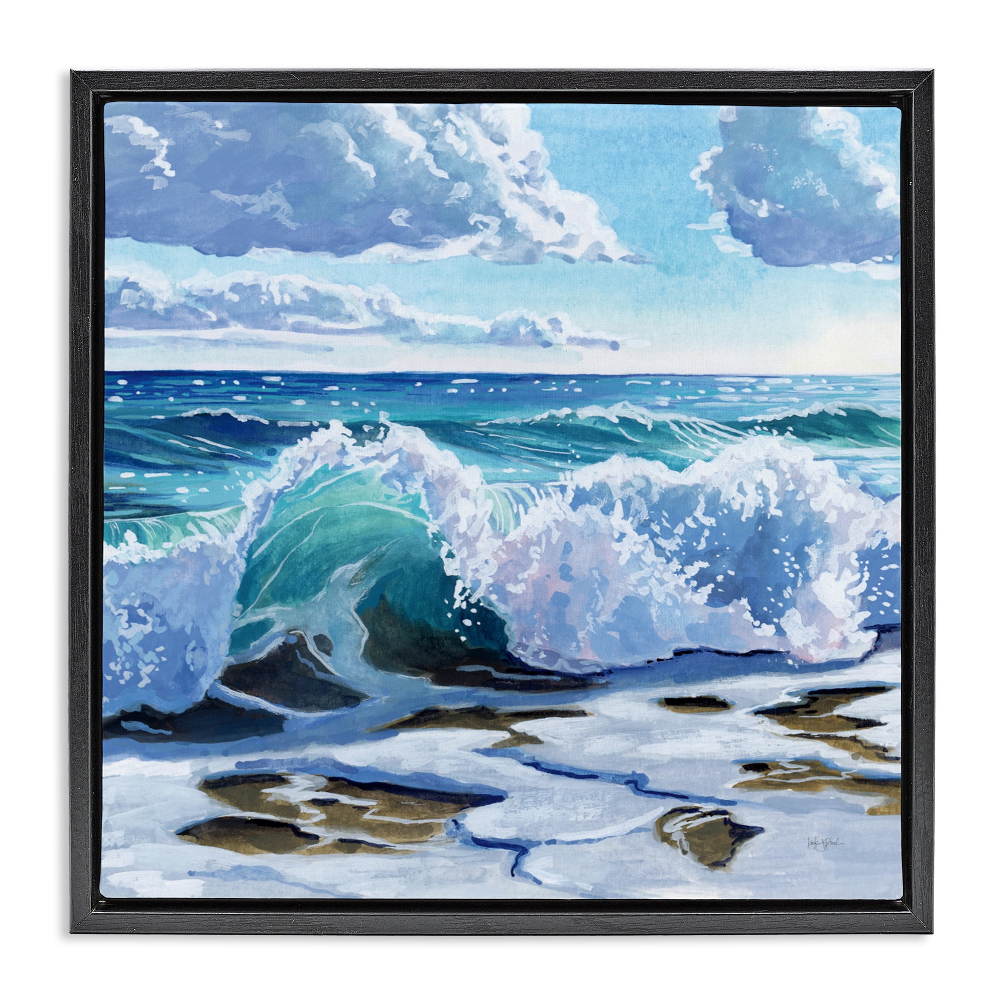 Stupell Industries Curling Aqua Wave on Shore Black Framed Floater Canvas Wall Art, design by Kate Jarvik Birch