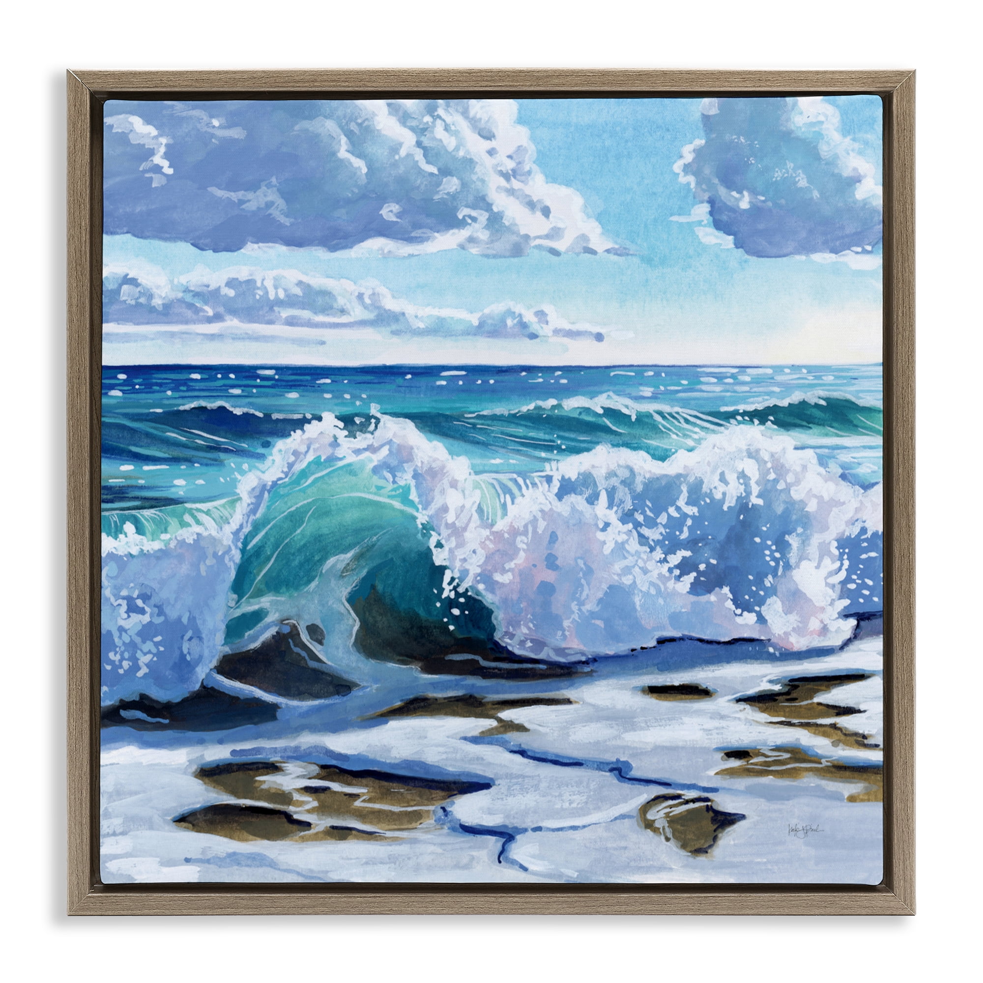 Stupell Industries Curling Aqua Wave on Shore Brown Framed Floater Canvas Wall Art, design by Kate Jarvik Birch