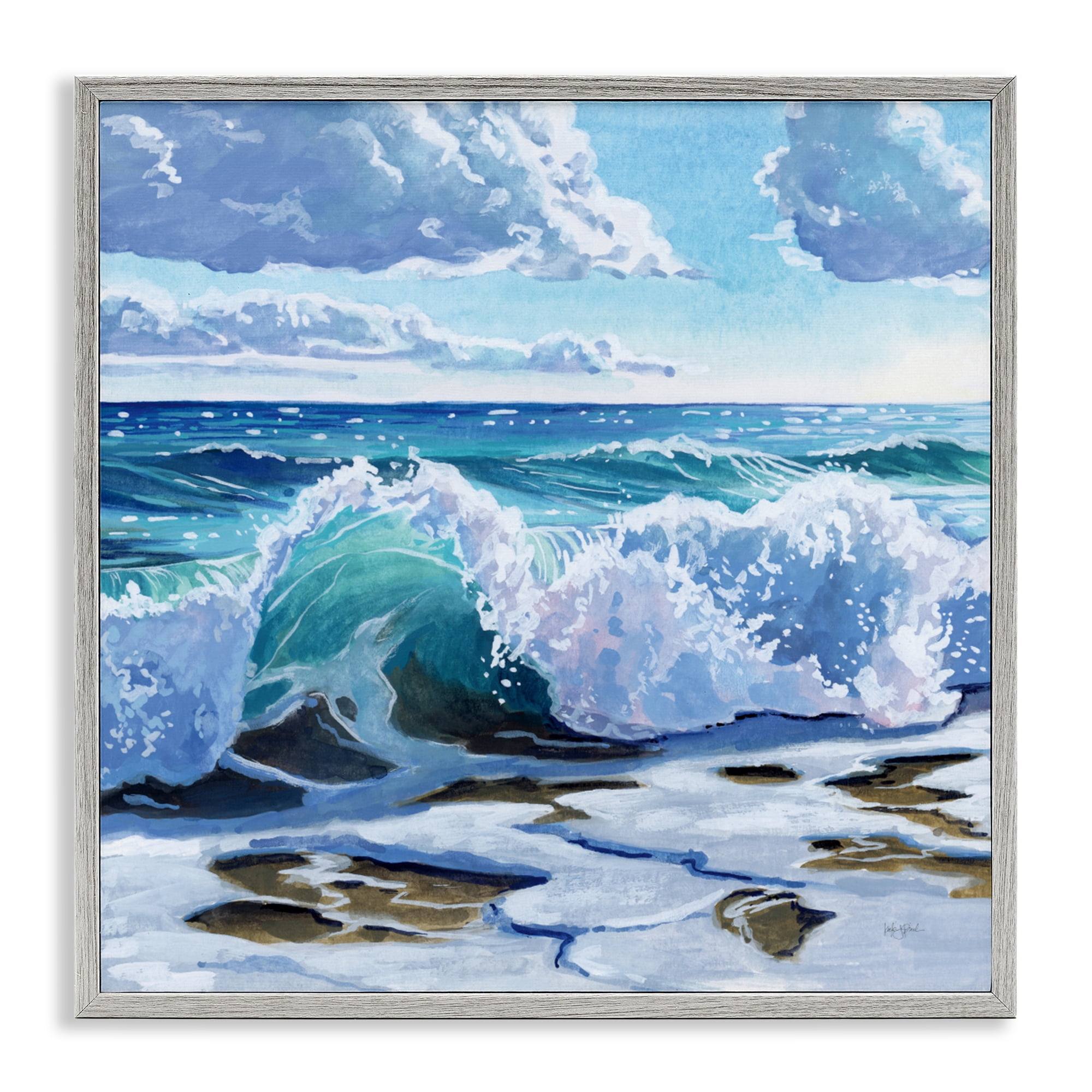 Stupell Industries Curling Aqua Wave on Shore Gray Framed Giclee Art, design by Kate Jarvik Birch