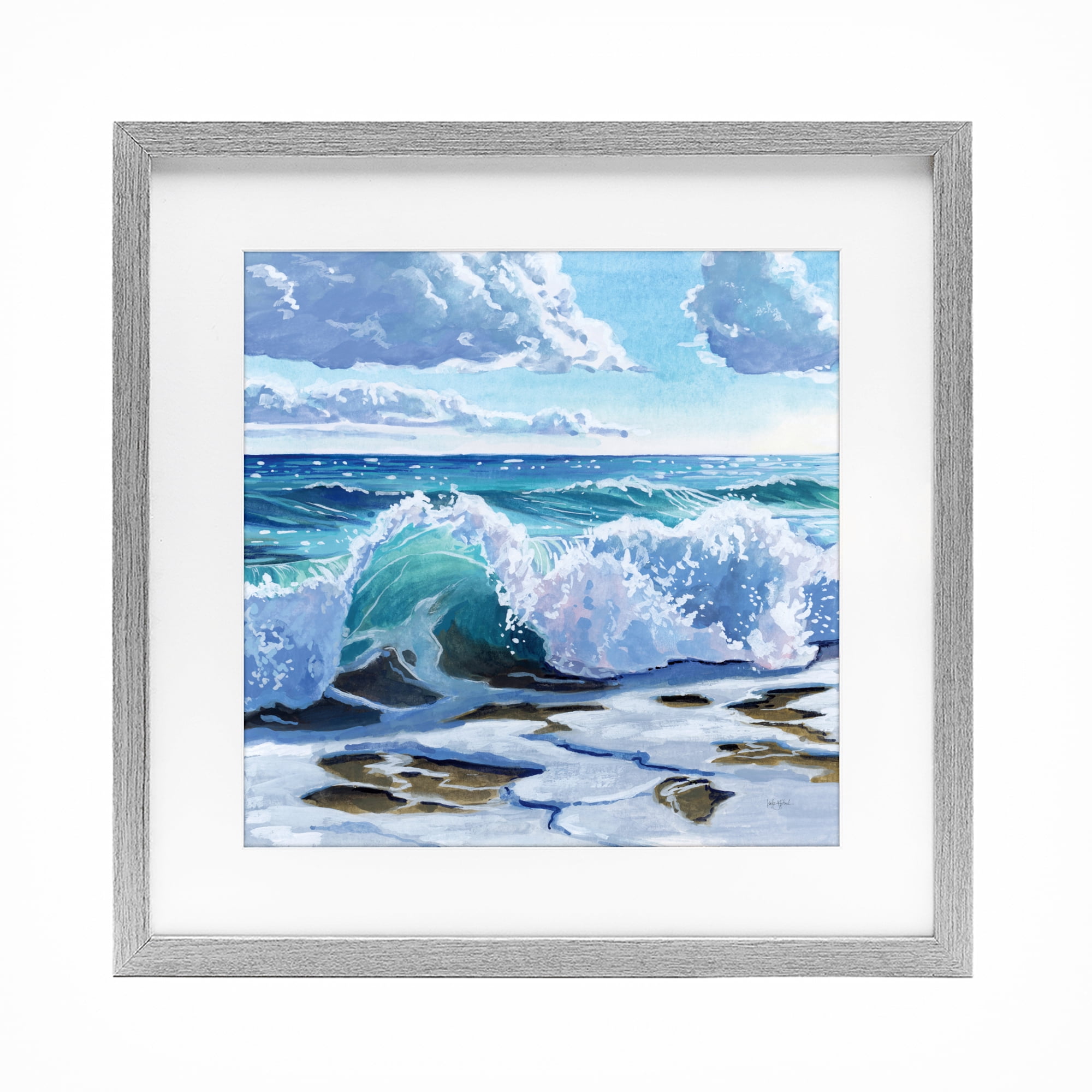Stupell Industries Curling Aqua Wave on Shore Gray Framed Print Under Glass, design by Kate Jarvik Birch