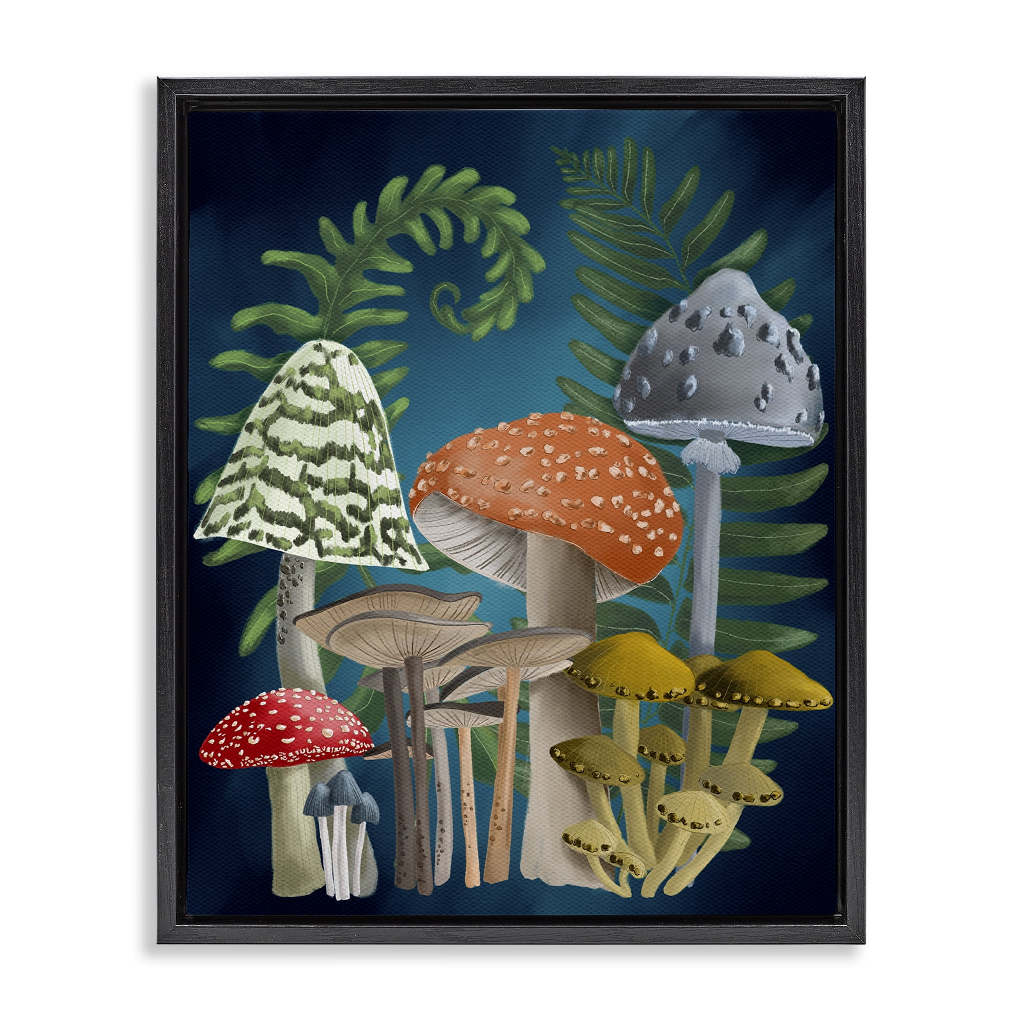 Stupell Industries Curling Ferns & Mushrooms Botanical & Floral Painting Black Floater Framed Art Print Wall Art, 17 x 21