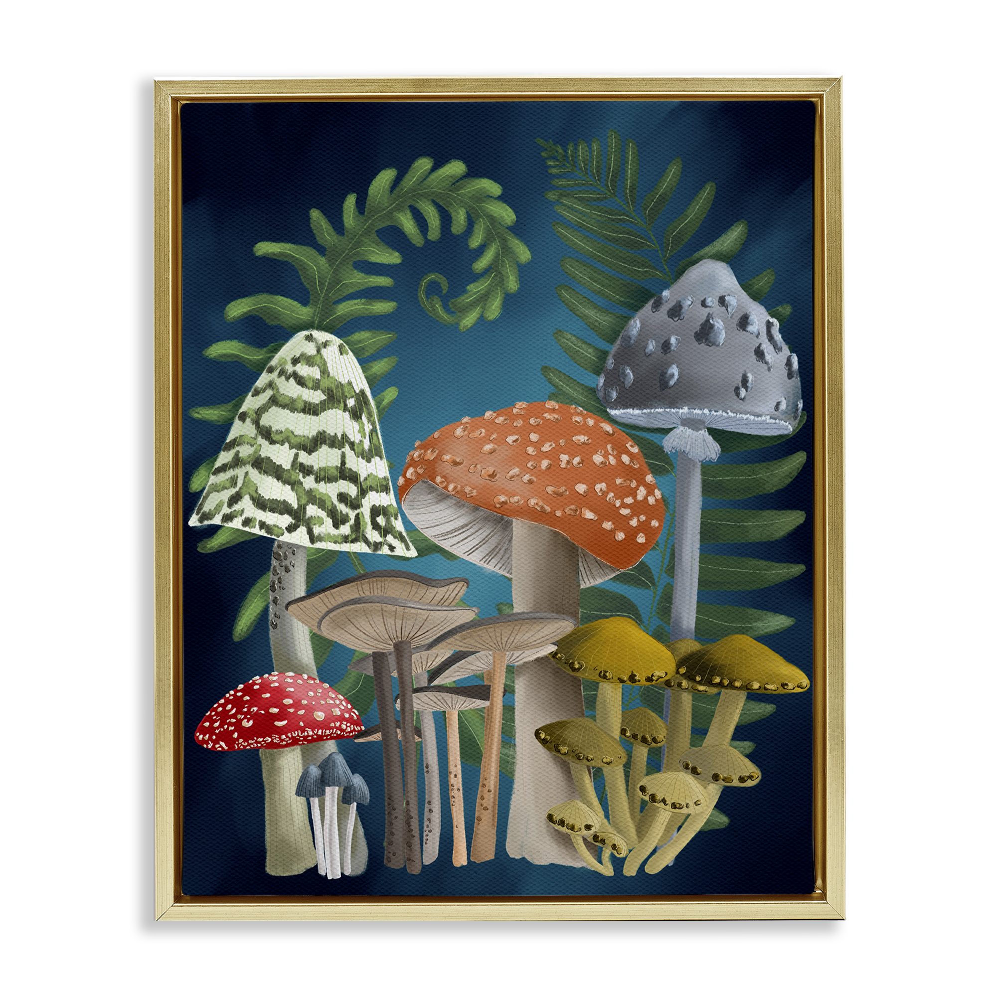 Stupell Industries Curling Ferns & Mushrooms Botanical & Floral Painting Gold Floater Framed Art Print Wall Art, 17 x 21