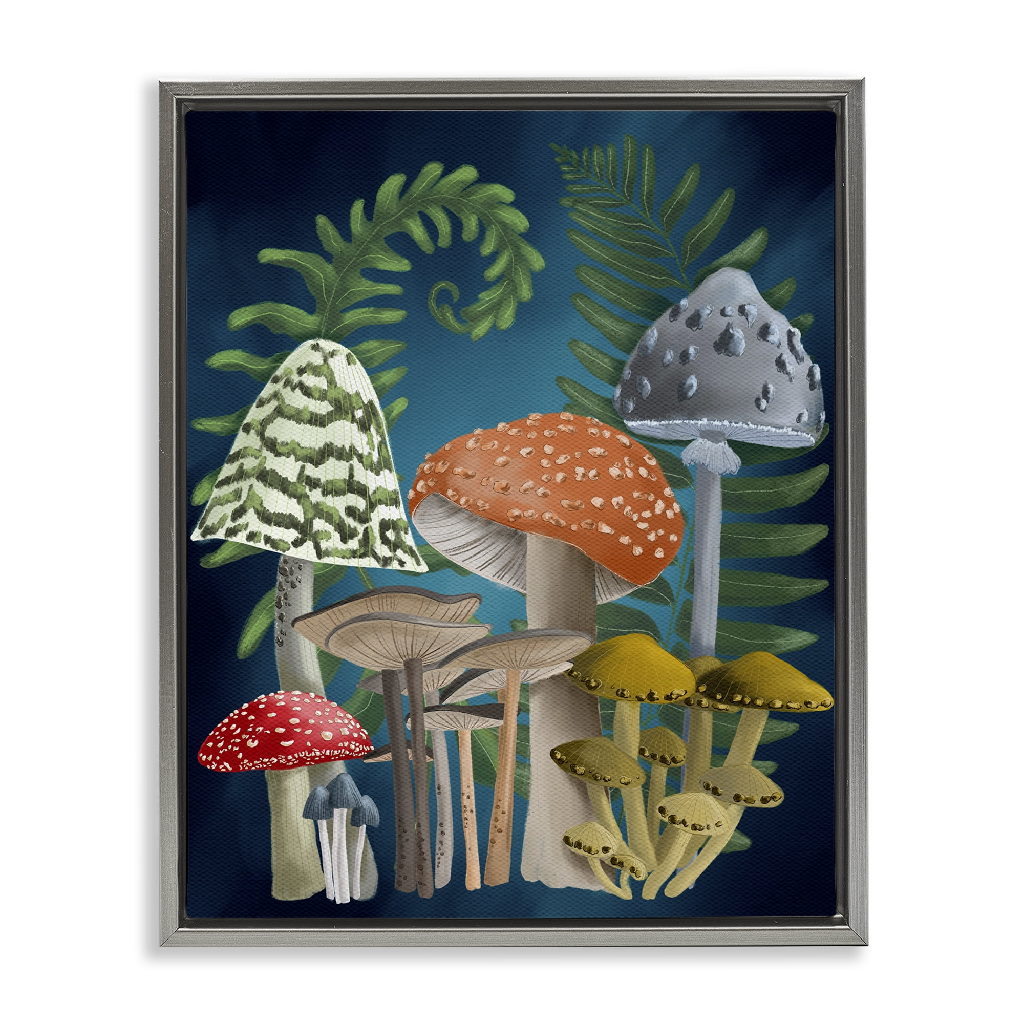Stupell Industries Curling Ferns & Mushrooms Botanical & Floral Painting Gray Floater Framed Art Print Wall Art, 17 x 21