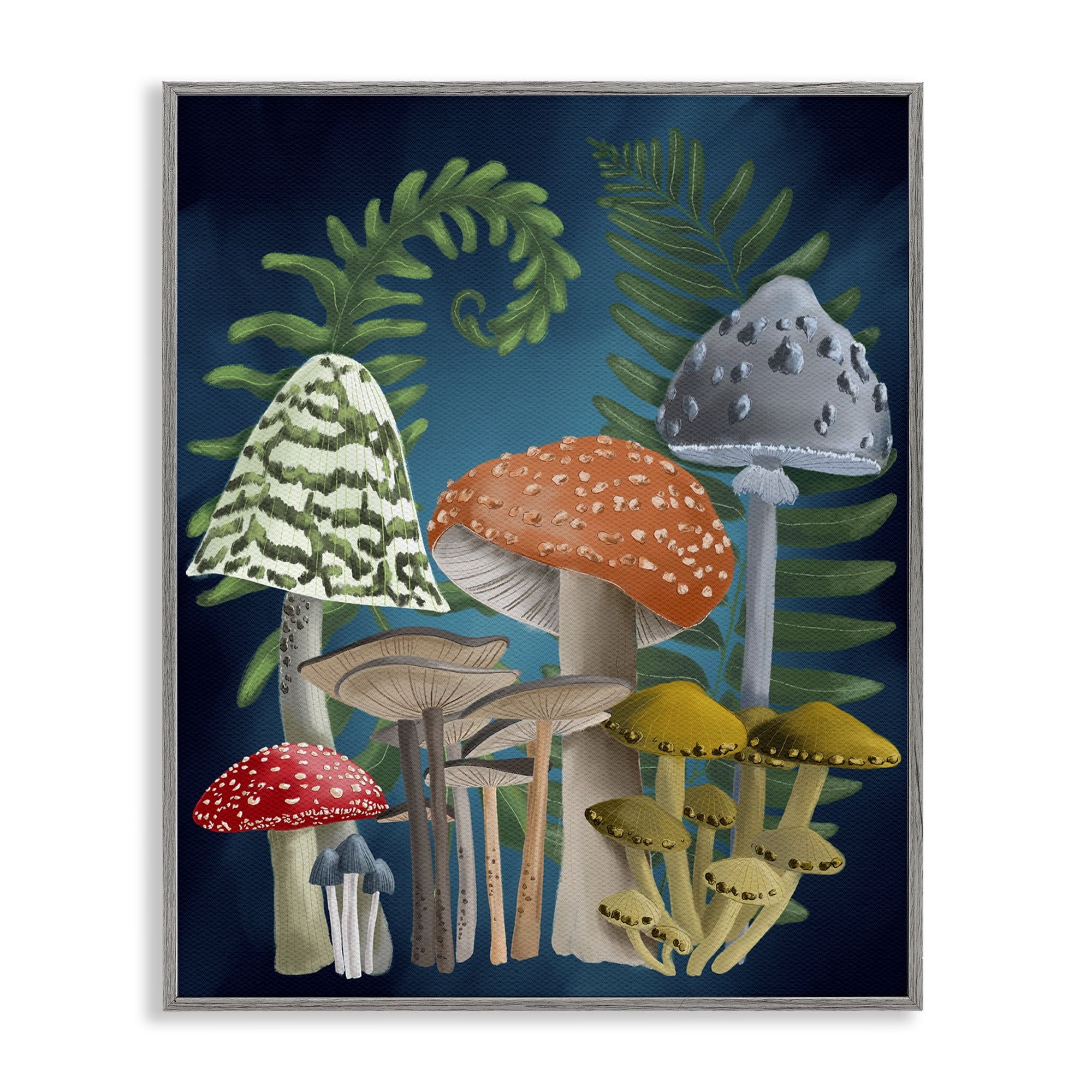 Stupell Industries Curling Ferns & Mushrooms Botanical & Floral Painting Gray Framed Art Print Wall Art, 24 x 30