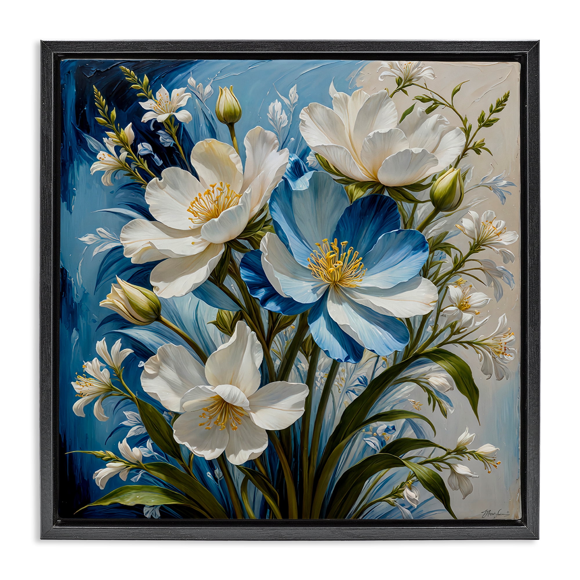 Stupell Industries Curling Floral Petals on Blue Plants & Flowers Painting Black Floater Framed Canvas Art Print Wall Art, 25 x 25