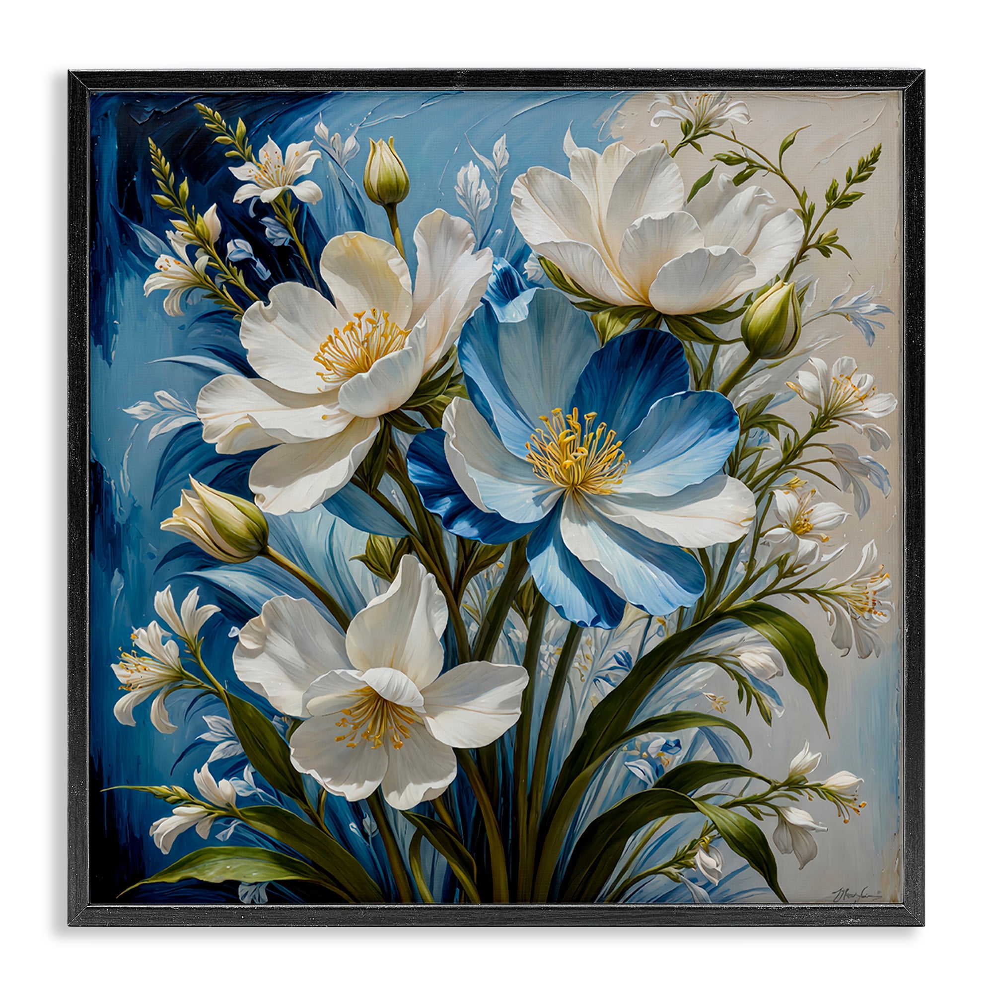 Stupell Industries Curling Floral Petals on Blue Plants & Flowers Painting Black Framed Art Print Wall Art, 24 x 24