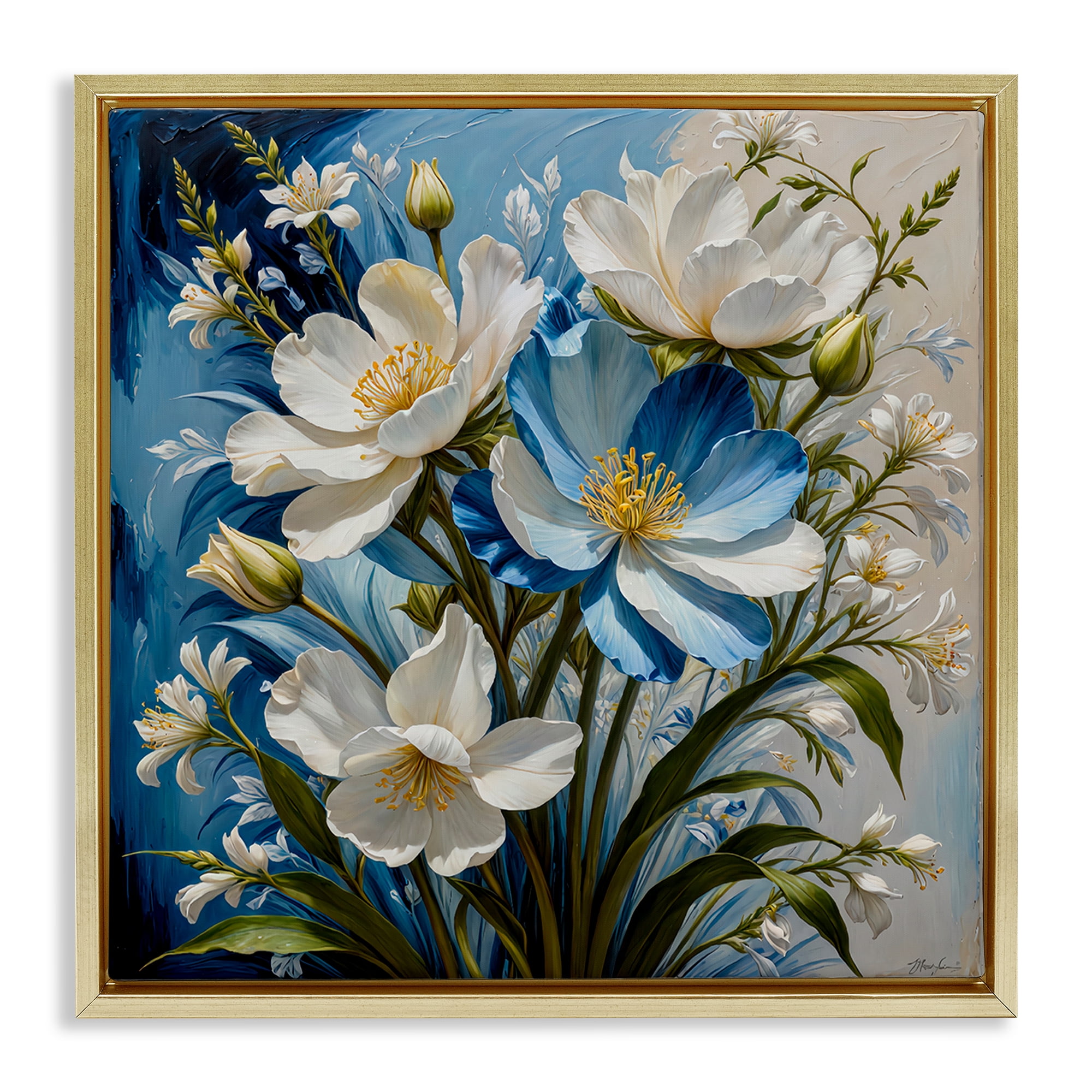 Stupell Industries Curling Floral Petals on Blue Plants & Flowers Painting Gold Floater Framed Canvas Art Print Wall Art, 25 x 25