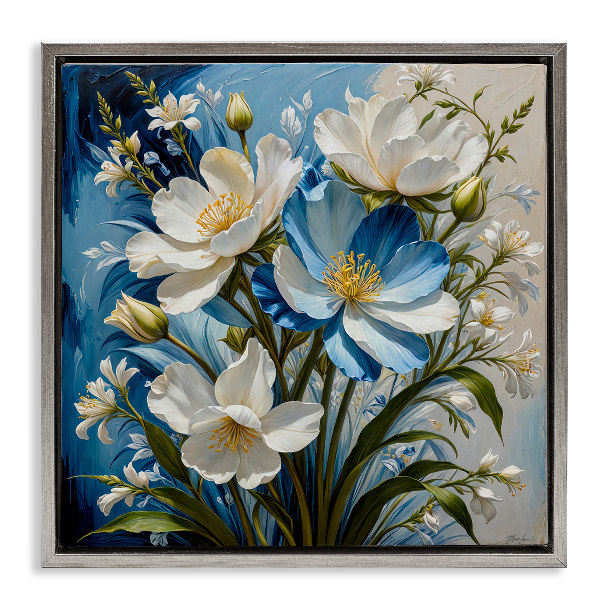 Stupell Industries Curling Floral Petals on Blue Plants & Flowers Painting Gray Floater Framed Canvas Art Print Wall Art, 25 x 25