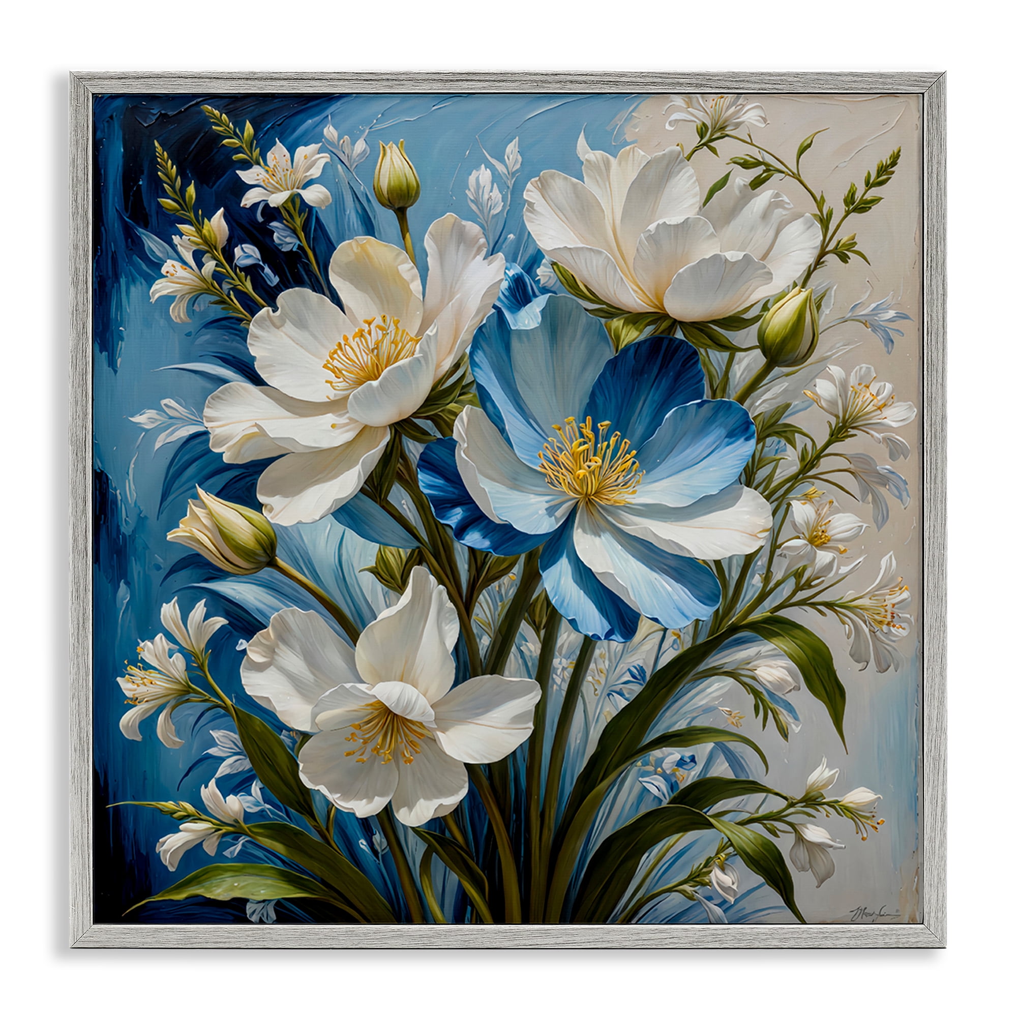 Stupell Industries Curling Floral Petals on Blue Plants & Flowers Painting Gray Framed Art Print Wall Art, 12 x 12