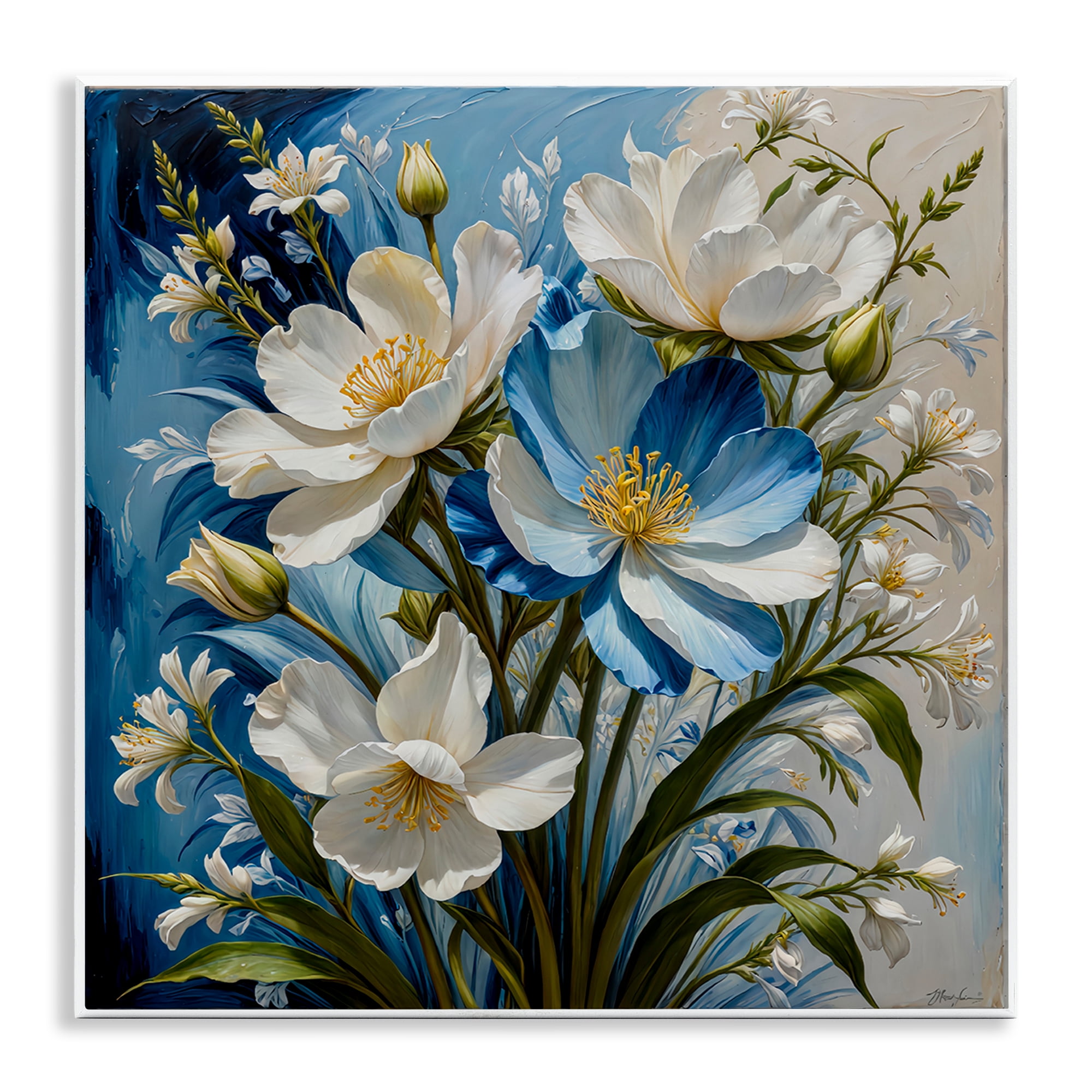 Stupell Industries Curling Floral Petals on Blue Plants & Flowers Painting Unframed Art Print Wall Art, 12 x 12