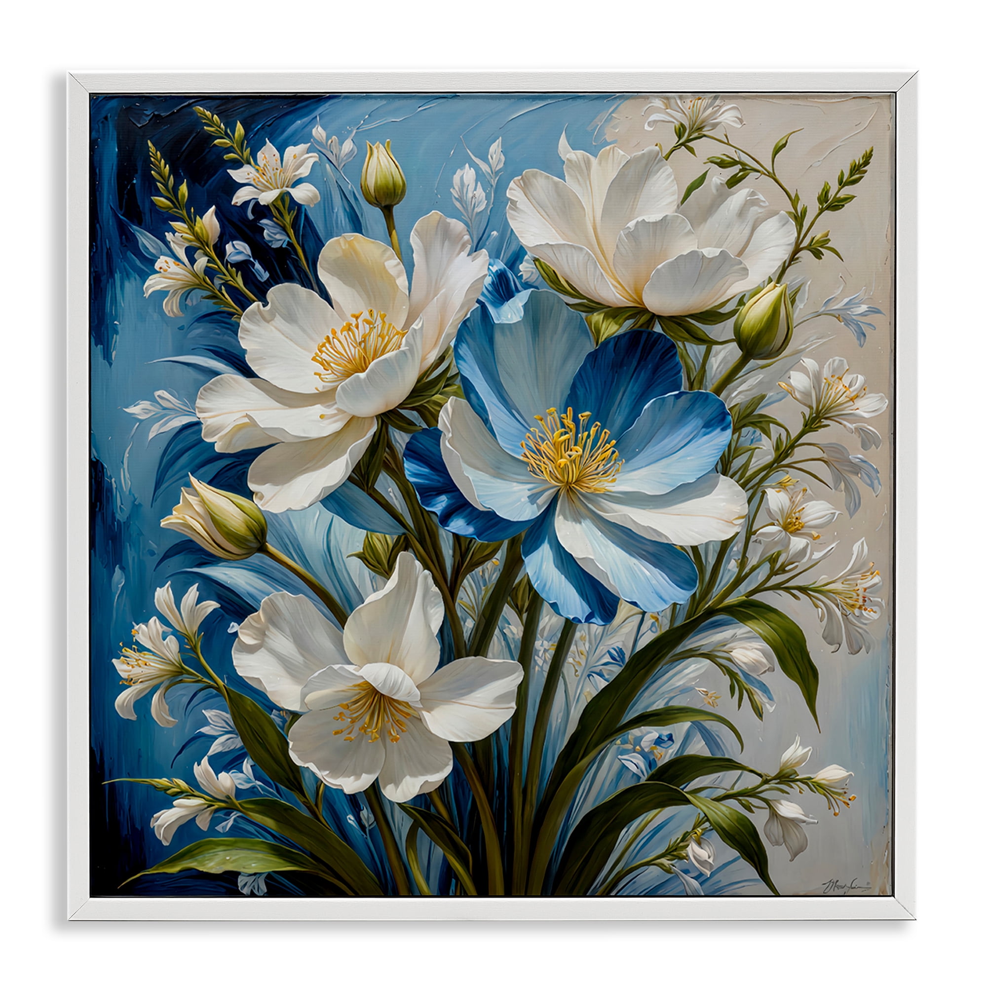 Stupell Industries Curling Floral Petals on Blue Plants & Flowers Painting White Framed Art Print Wall Art, 12 x 12
