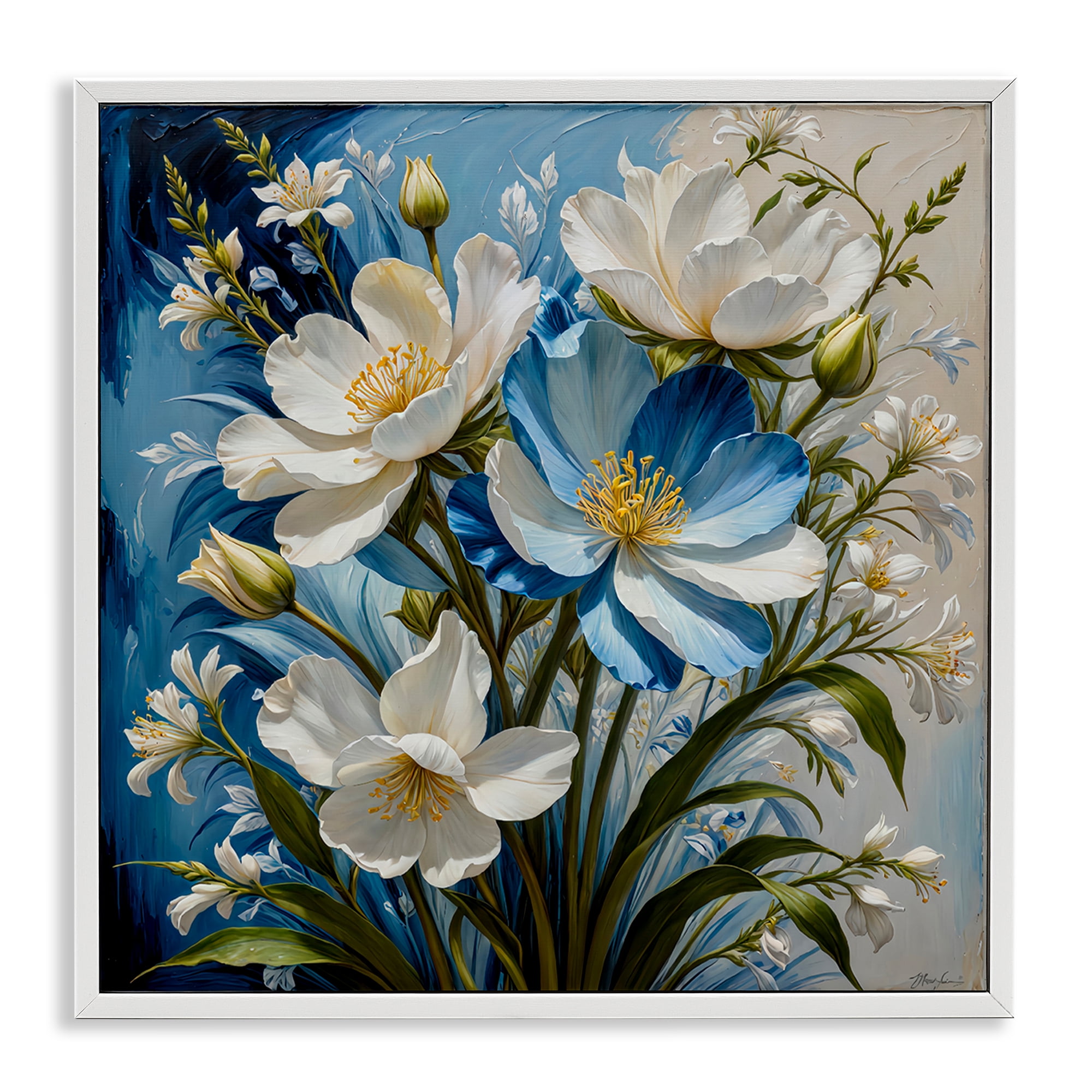 Stupell Industries Curling Floral Petals on Blue Plants & Flowers Painting White Framed Art Print Wall Art, 24 x 24