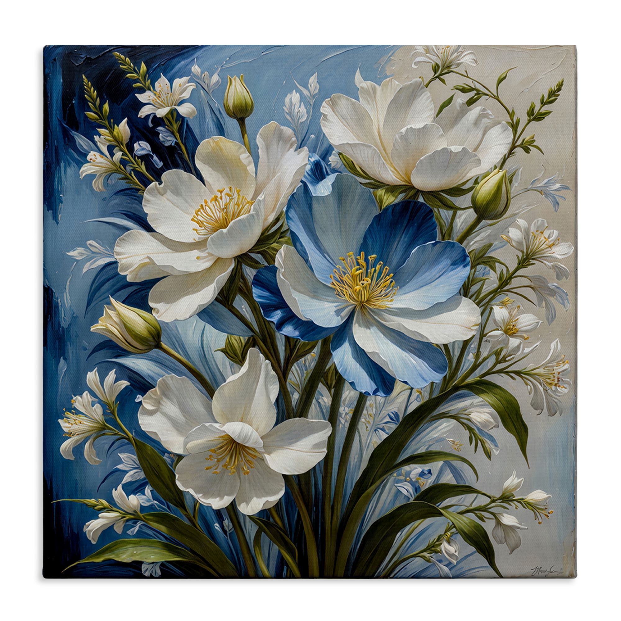 Stupell Industries Curling Floral Petals on Blue Plants & Flowers Painting Wrapped Canvas Art Print Wall Art, 24 x 24
