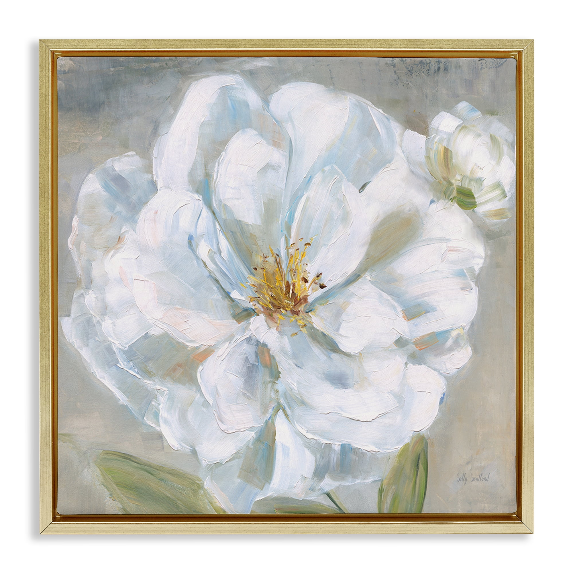 Stupell Industries Curling White Flower Petals Plants & Flowers Painting Gold Floater Framed Canvas Art Print Wall Art, 25 x 25