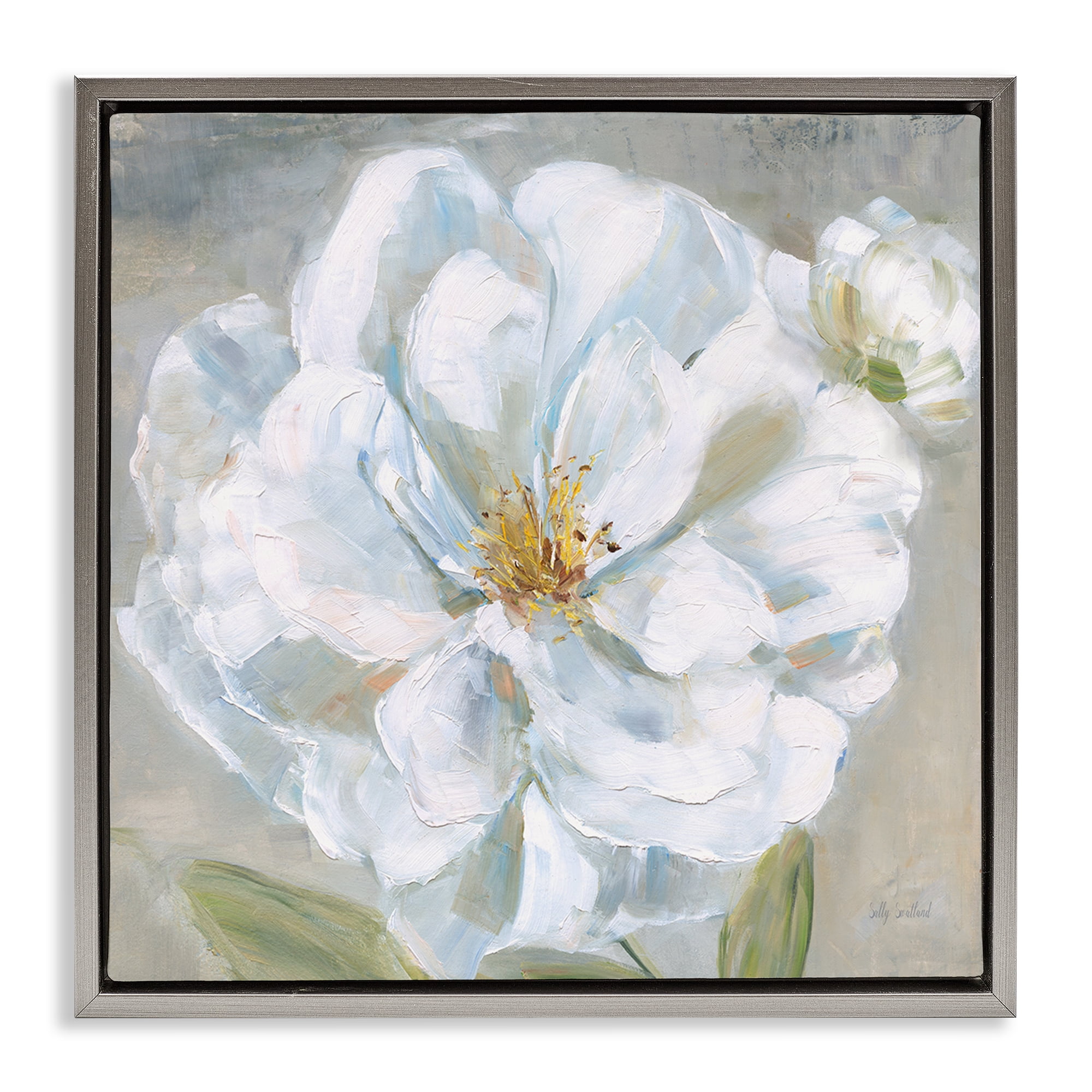 Stupell Industries Curling White Flower Petals Plants & Flowers Painting Gray Floater Framed Canvas Art Print Wall Art, 18 x 18