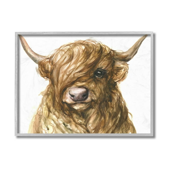 Stupell Curly Hair Highland Cow Baby Cattle Portrait Framed Wall Art 16 x 20 Grey
