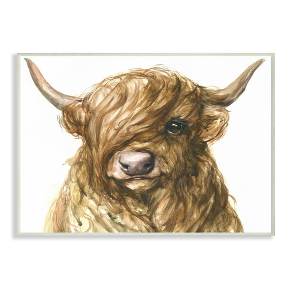 Stupell Industries Curly Hair Highland Cow Baby Cattle Portrait Wall Plaque, 13 x 19, Design by George Dyachenko