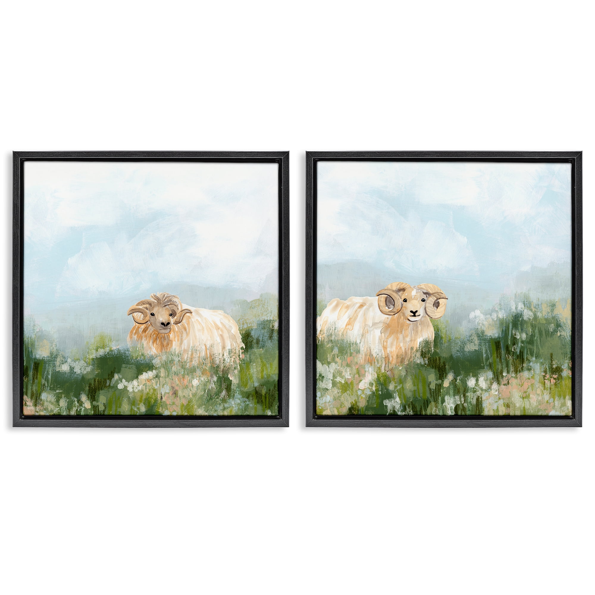 Stupell Industries Curly-Horned Sheep Field Animals Painting Black Floater Framed Canvas Art Print Wall Art, 18 x 18, Set of 2
