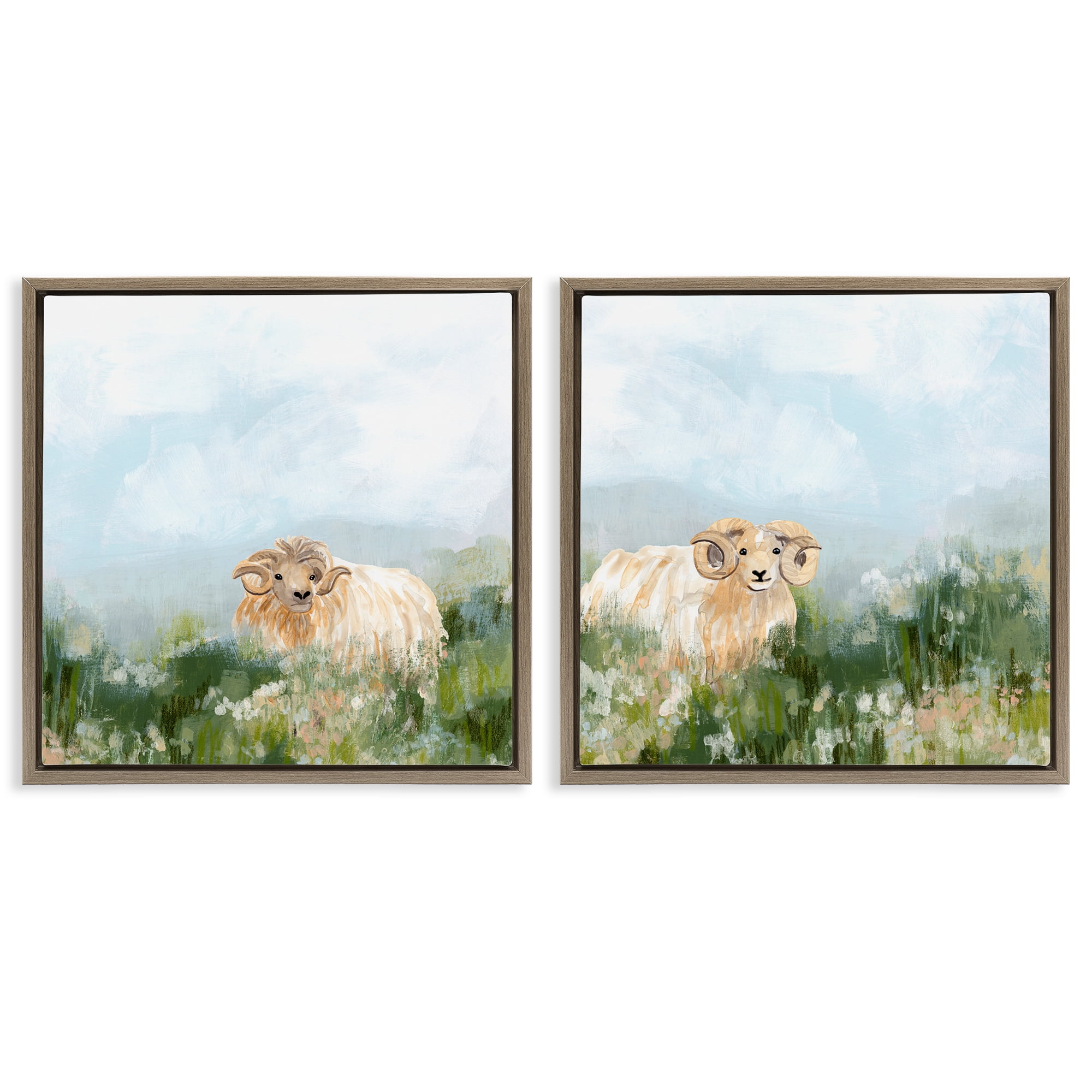 Stupell Industries Curly-Horned Sheep Field Animals Painting Brown Floater Framed Canvas Art Print Wall Art, 18 x 18, Set of 2