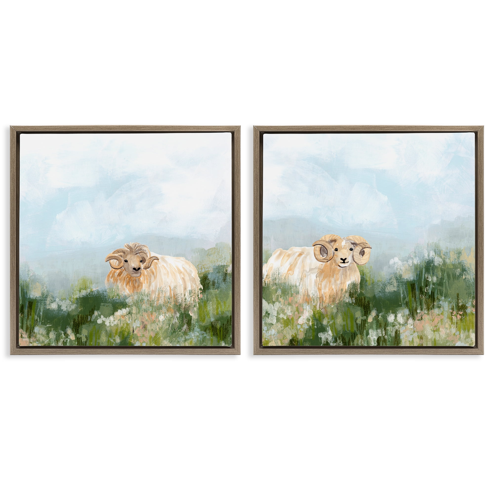 Stupell Industries Curly-Horned Sheep Field Animals Painting Brown Floater Framed Canvas Art Print Wall Art, 25 x 25, Set of 2