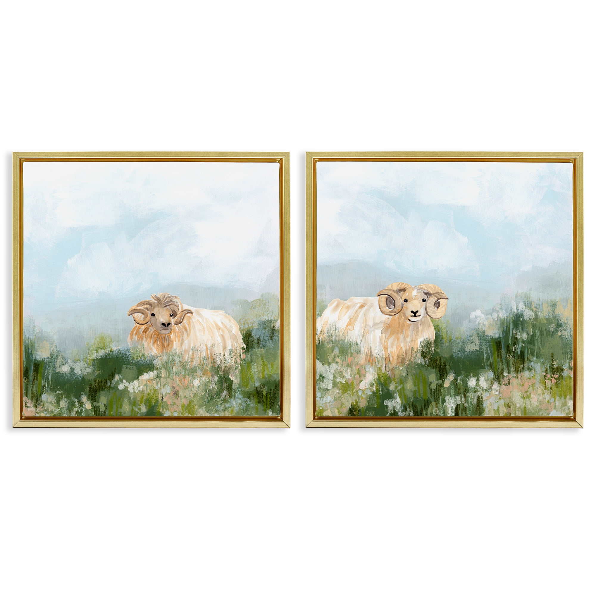 Stupell Industries Curly-Horned Sheep Field Animals Painting Gold Floater Framed Canvas Art Print Wall Art, 25 x 25, Set of 2