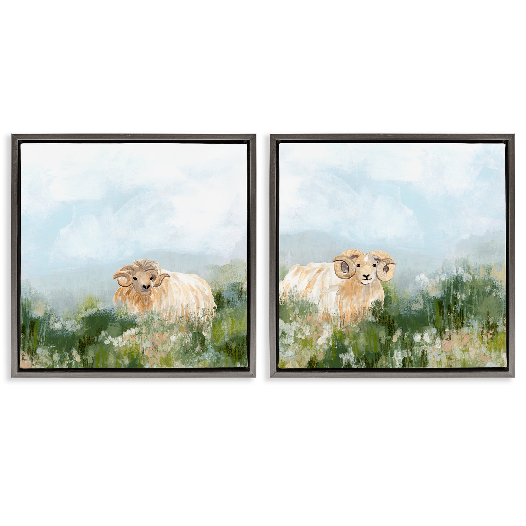 Stupell Industries Curly-Horned Sheep Field Animals Painting Gray Floater Framed Canvas Art Print Wall Art, 25 x 25, Set of 2