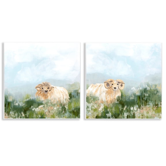 Stupell Industries Curly-Horned Sheep Field Animals Painting Unframed Art Print Wall Art, 12 x 12, Set of 2