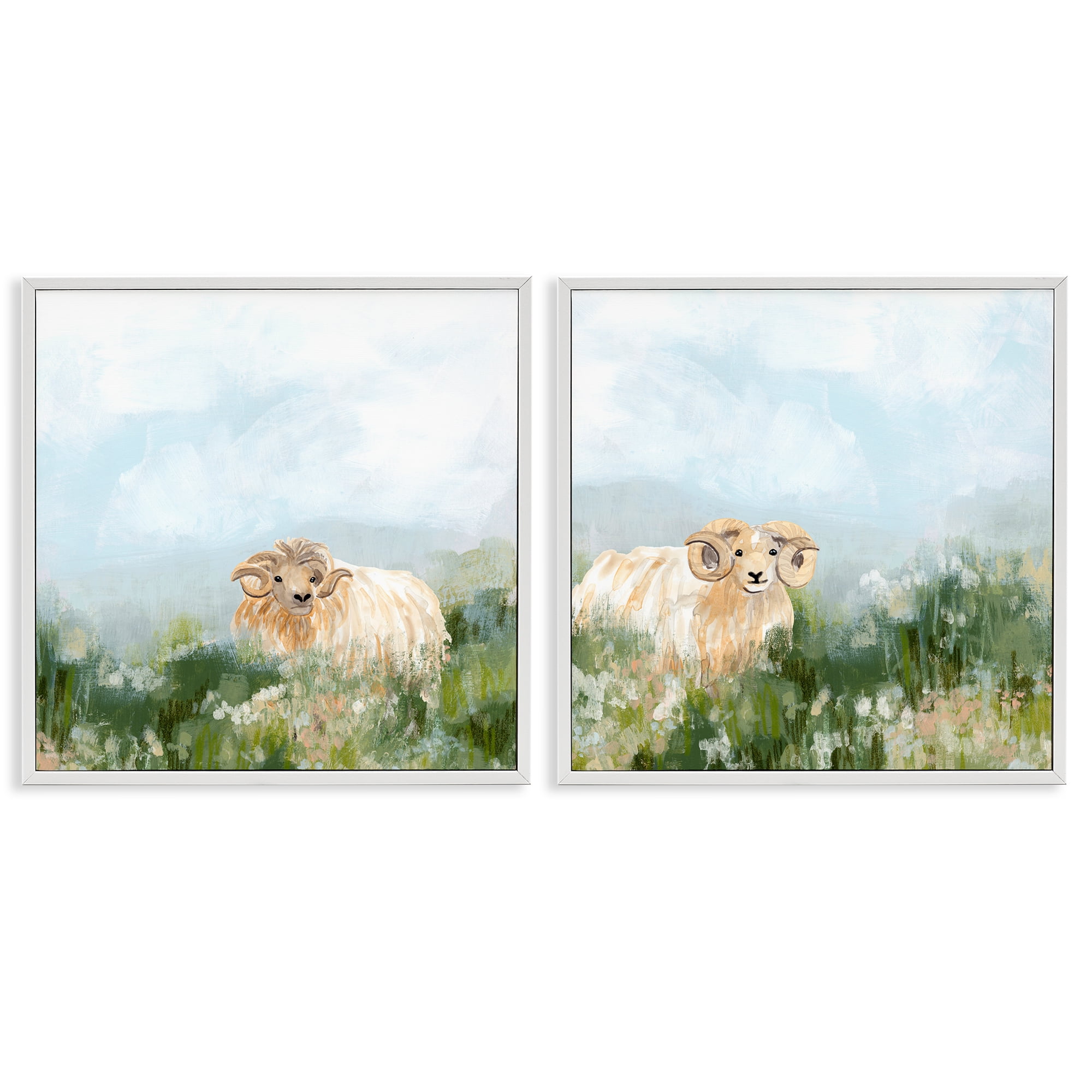 Stupell Industries Curly-Horned Sheep Field Animals Painting White Framed Art Print Wall Art, 12 x 12, Set of 2