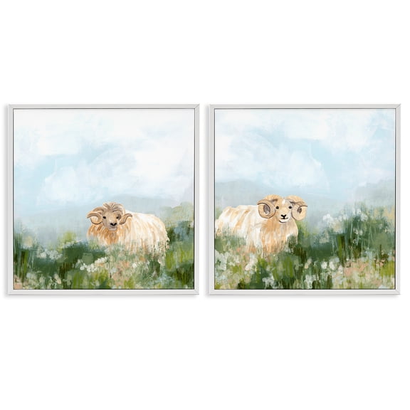 Stupell Industries Curly-Horned Sheep Field Animals Painting White Framed Art Print Wall Art, 17 x 17, Set of 2