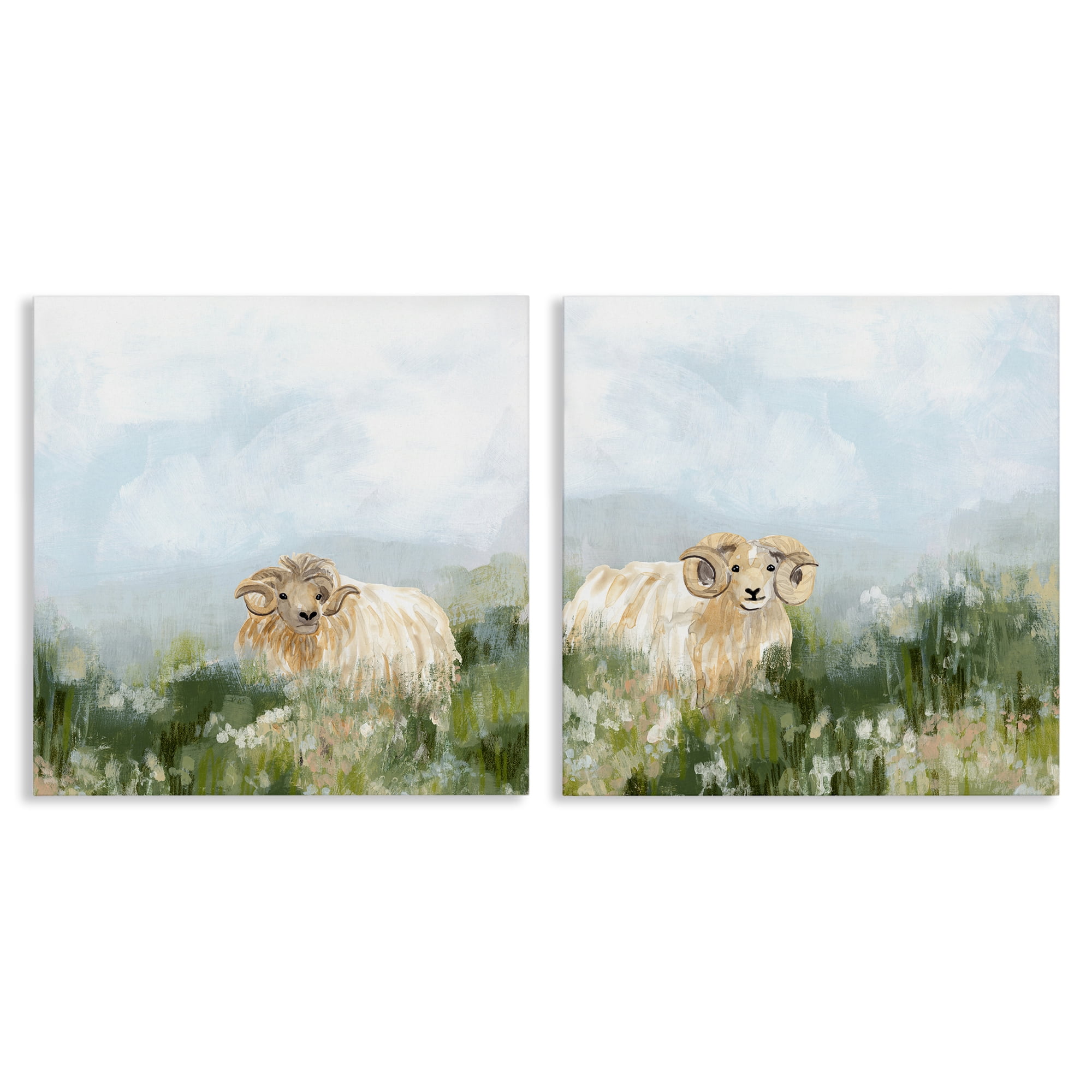 Stupell Industries Curly-Horned Sheep Field Animals Painting Wrapped Canvas Art Print Wall Art, 17 x 17, Set of 2