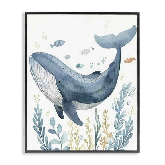 Stupell Industries Curved Blue Whale Animals Painting Black Framed Art Print Wall Art, 16 x 20
