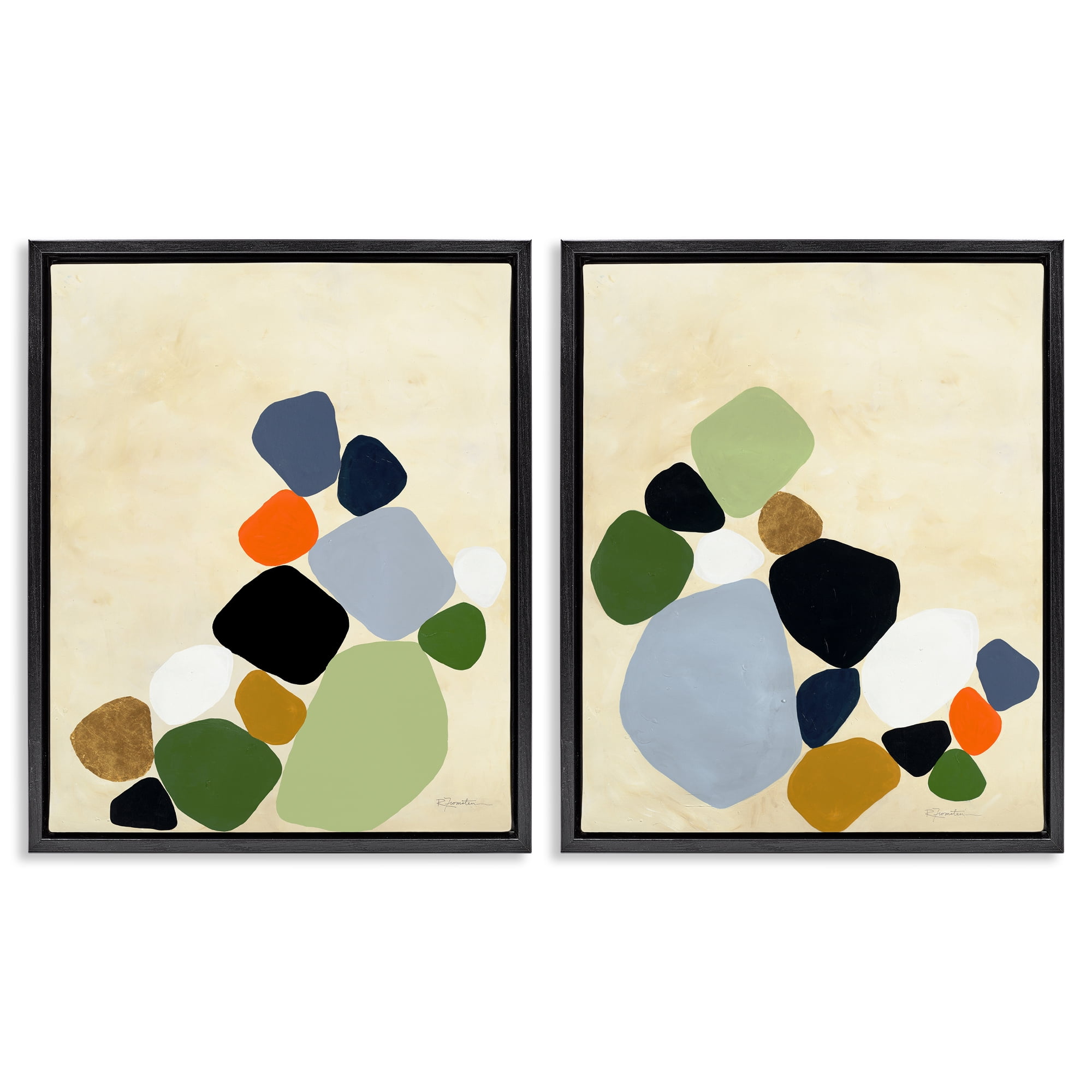 Stupell Industries Curved Clusters of Pebbles 2 Piece Black Framed Floater Canvas Set, design by Ruth Fromstein