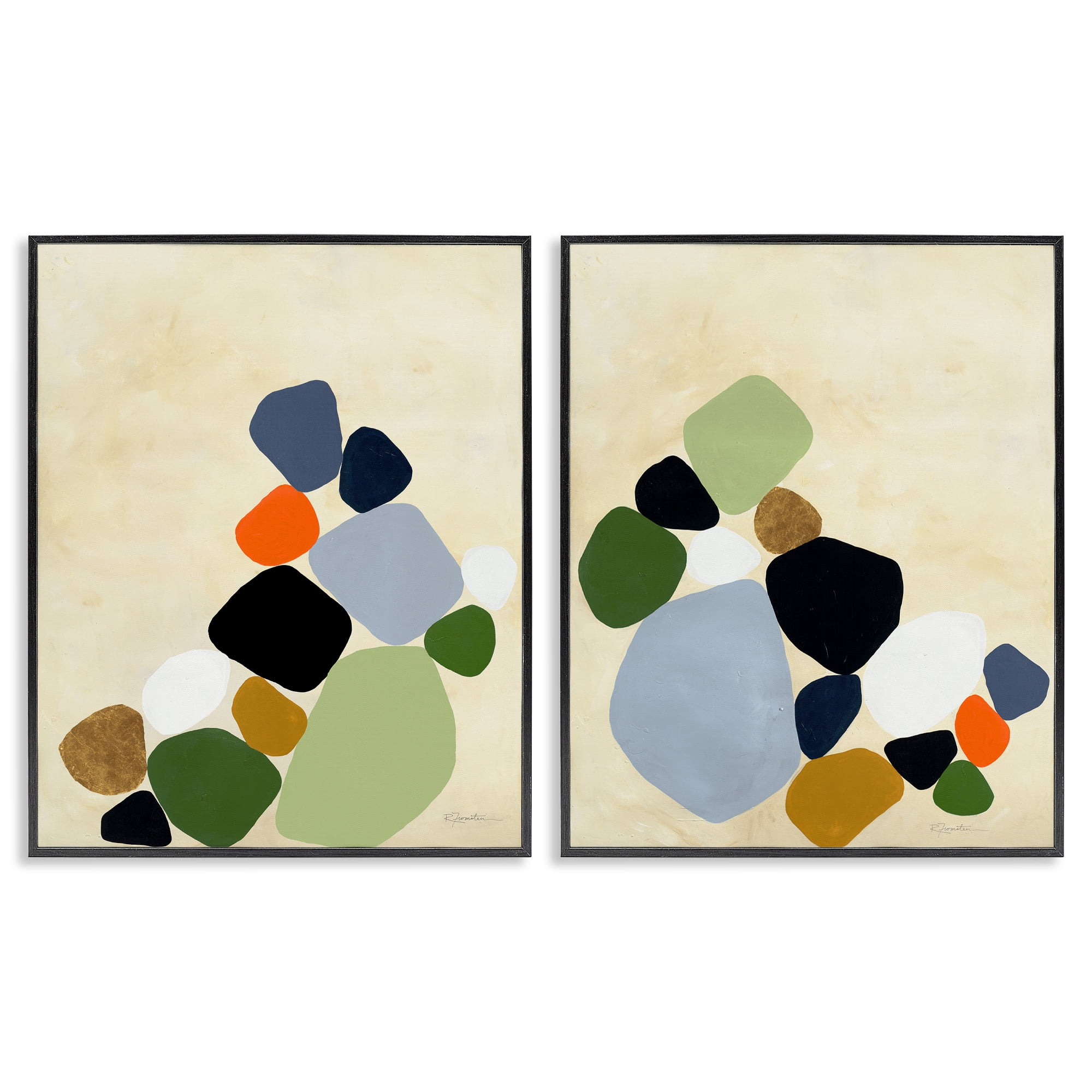 Stupell Industries Curved Clusters of Pebbles 2 Piece Black Framed Giclee Art Set, design by Ruth Fromstein