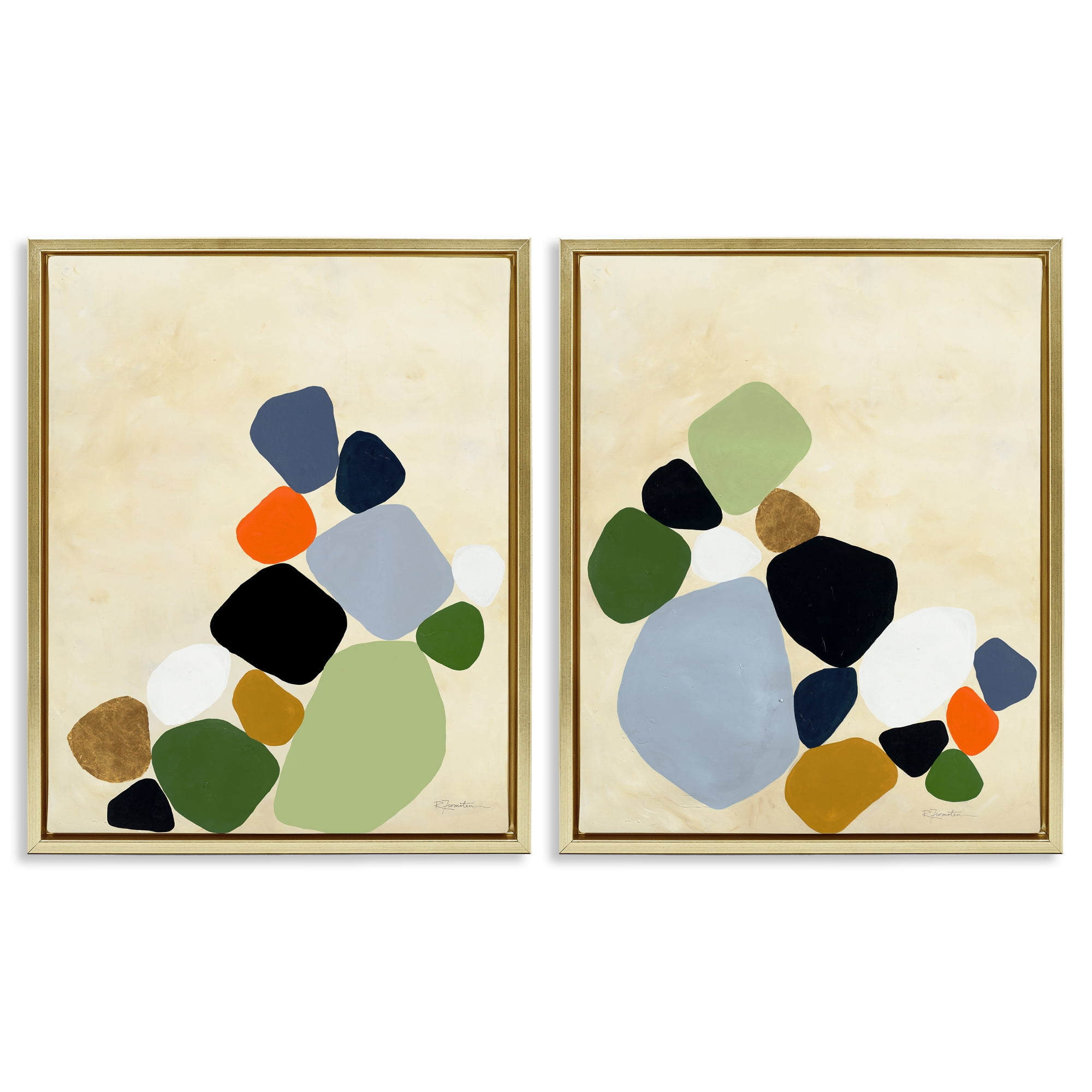 Stupell Industries Curved Clusters of Pebbles 2 Piece Gold Framed Floater Canvas Set, design by Ruth Fromstein