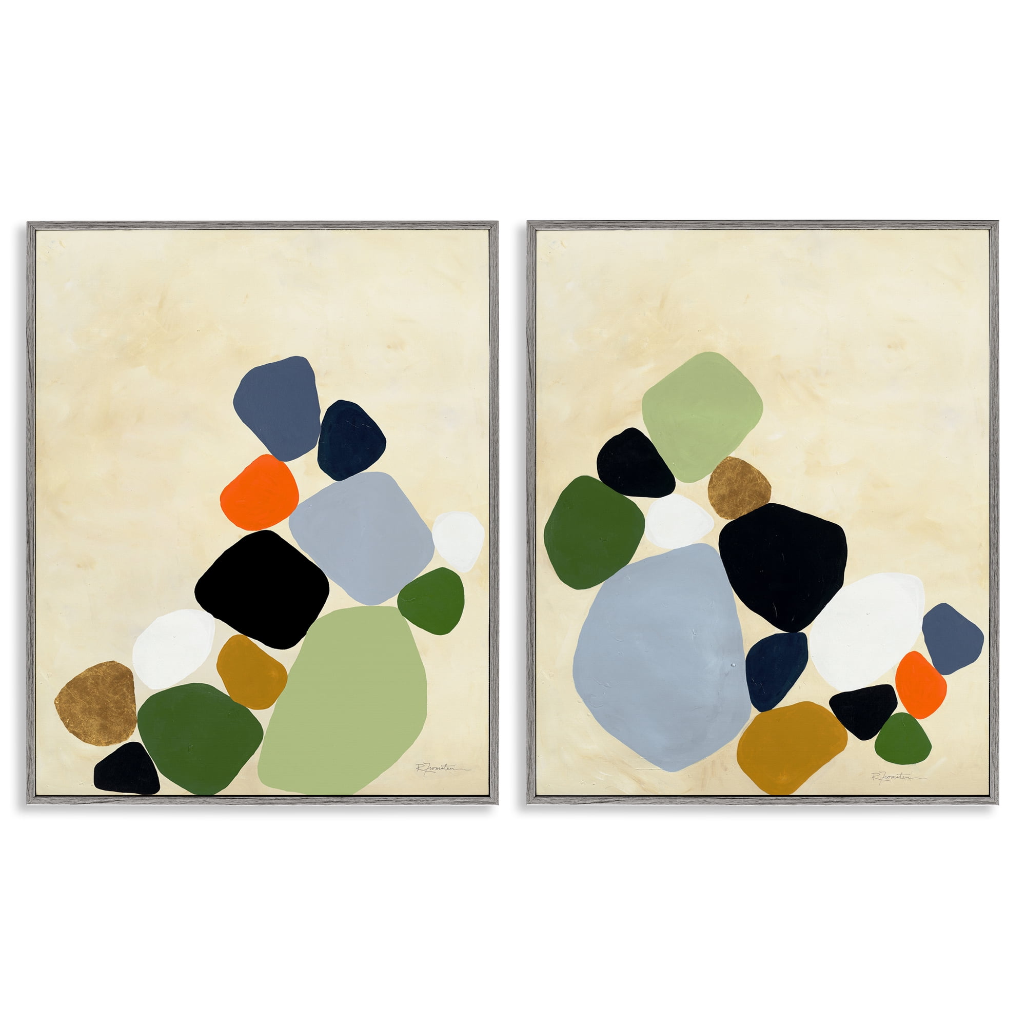 Stupell Industries Curved Clusters of Pebbles 2 Piece Gray Framed Giclee Art Set, design by Ruth Fromstein