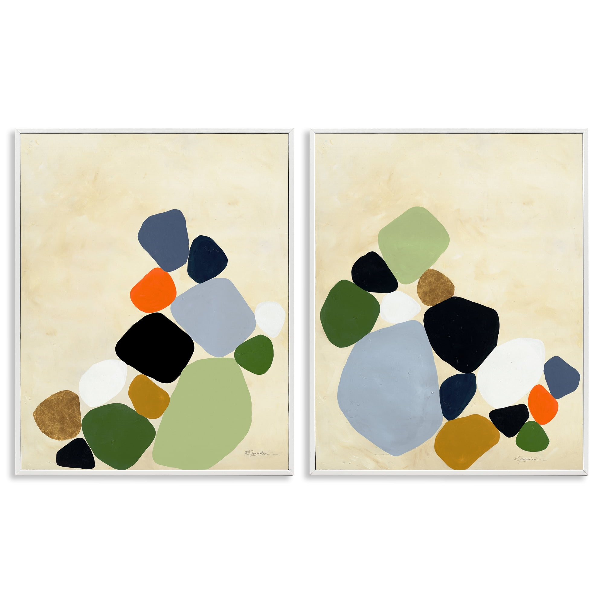 Stupell Industries Curved Clusters of Pebbles 2 Piece White Framed Giclee Art Set, design by Ruth Fromstein