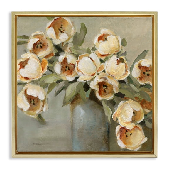 Stupell Industries Curved Flowers in Vase Floral Painting Gold Floater Framed Canvas Art Print Wall Art, 18 x 18