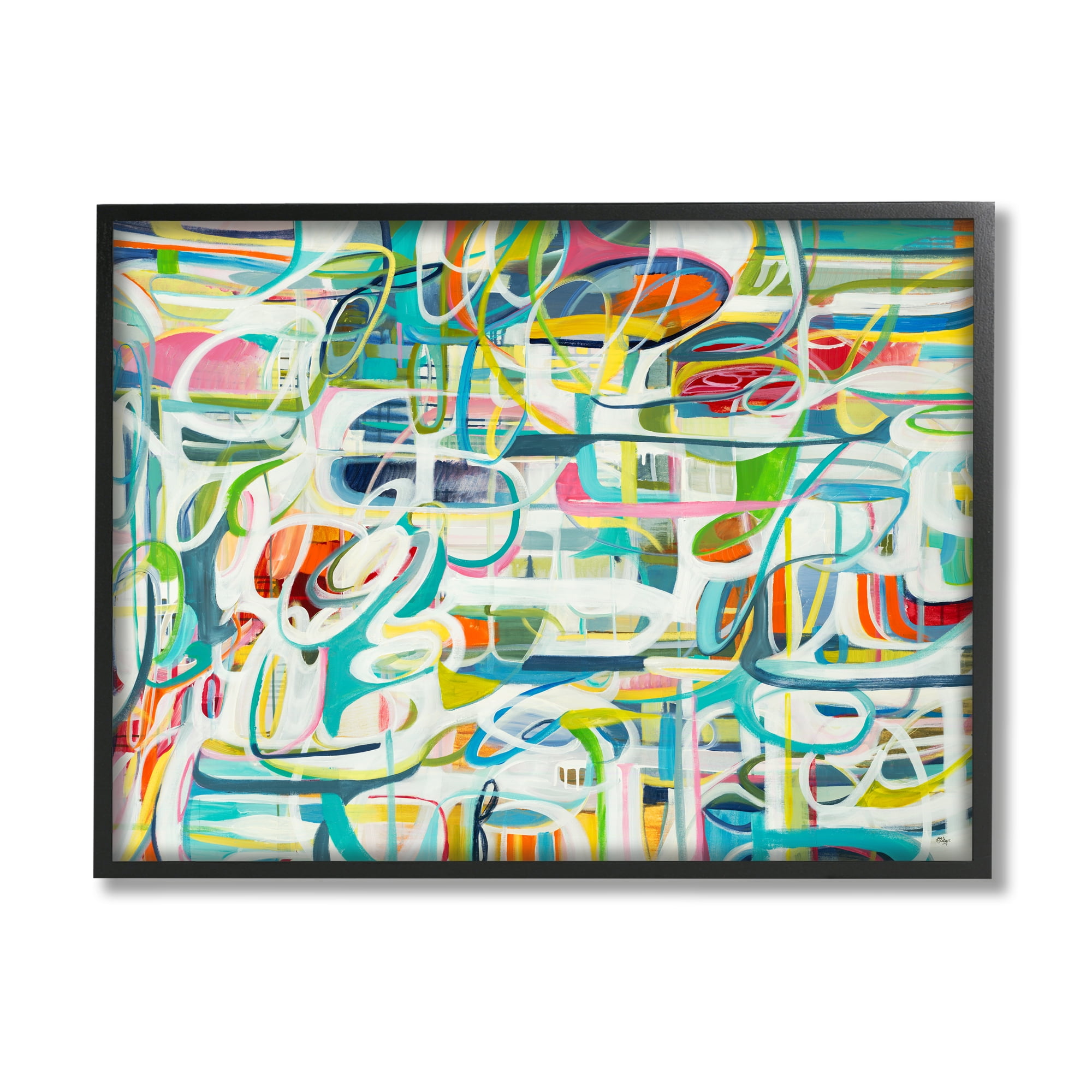 Stupell Industries Curved Line Chaos Lively Blue Green Abstract Movement Global Painting Black Framed Art Print Wall Art, 24 x 30, Design by Lisa Ridgers