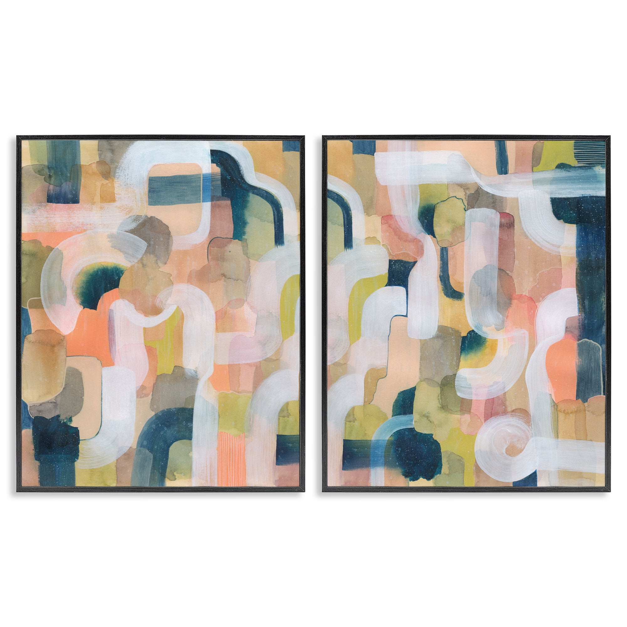 Stupell Industries Curved Retro Abstraction Abstract Painting Black Framed Art Print Wall Art, 24 x 30, Set of 2