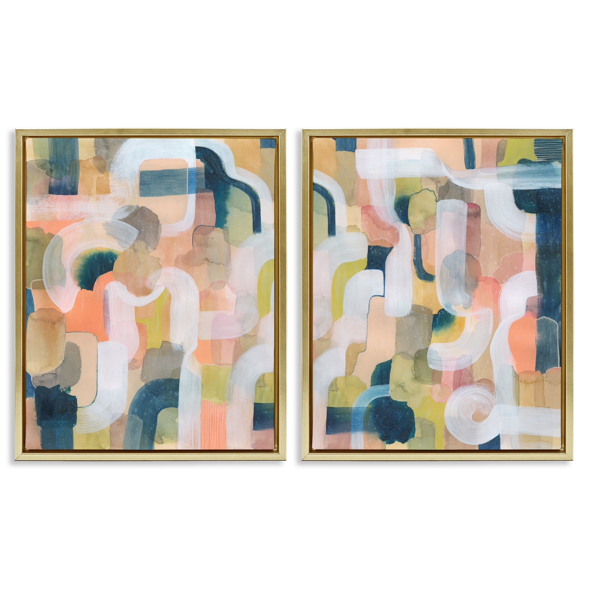 Stupell Industries Curved Retro Abstraction Abstract Painting Gold Floater Framed Canvas Art Print Wall Art, 31 x 25, Set of 2