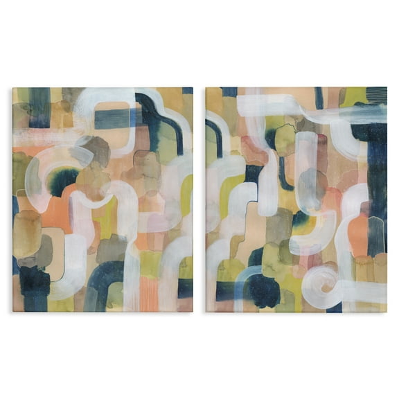 Stupell Industries Curved Retro Abstraction Abstract Painting Wrapped Canvas Art Print Wall Art, 16 x 20, Set of 2