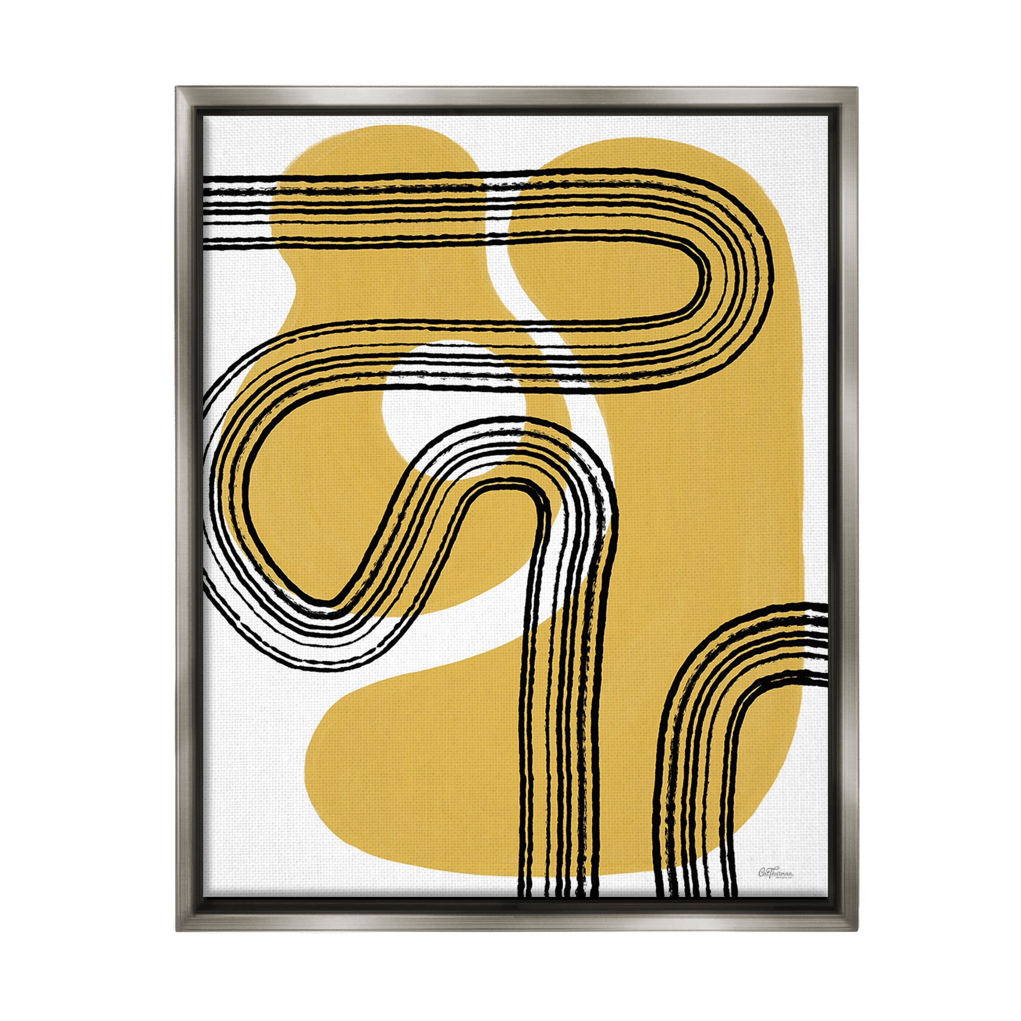 Stupell Industries Curved Stripes on Shapes Abstract Painting Gray Floater Framed Canvas Art Print Wall Art, 17 x 21