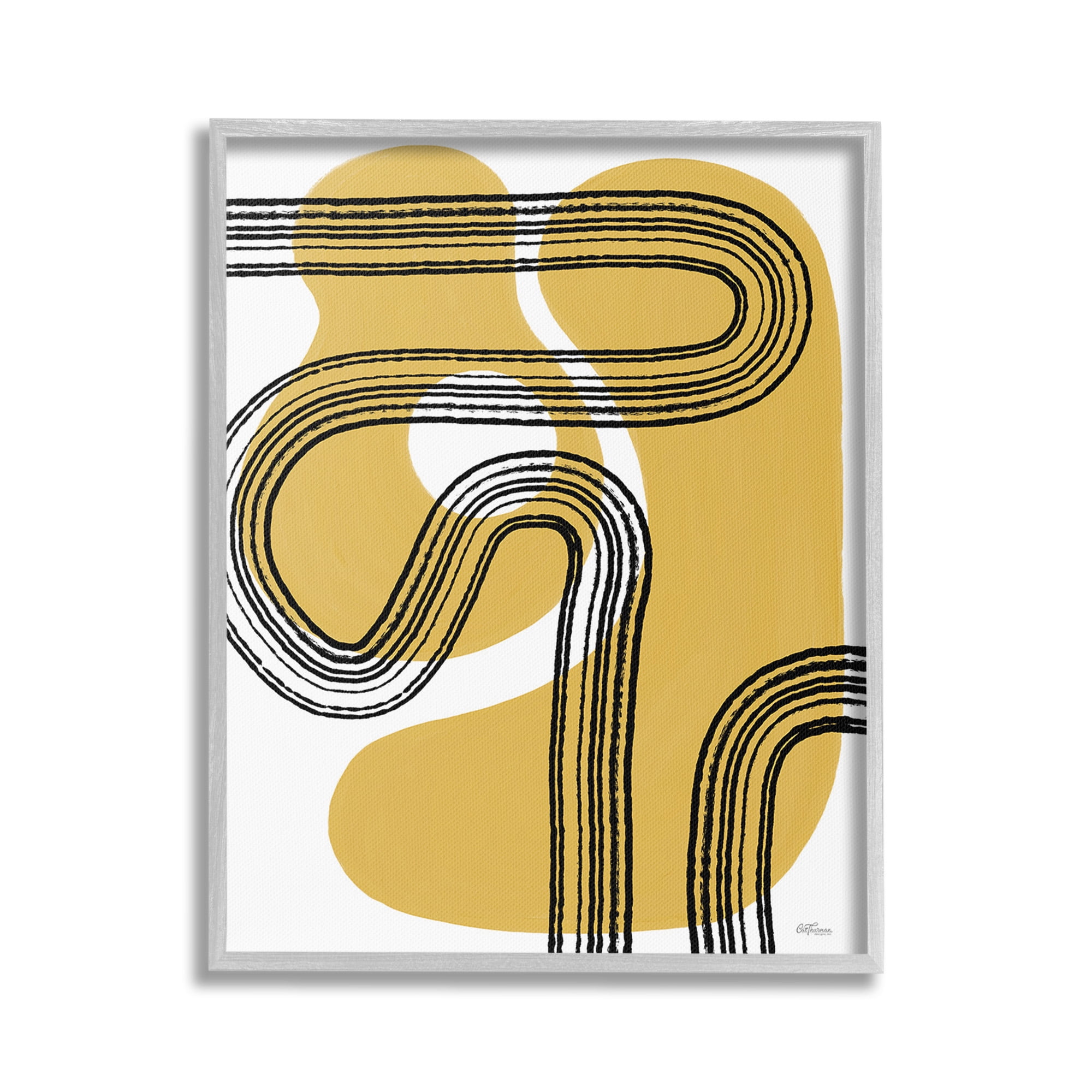 Stupell Industries Curved Stripes on Shapes Abstract Painting Gray Framed Art Print Wall Art, 24 x 30