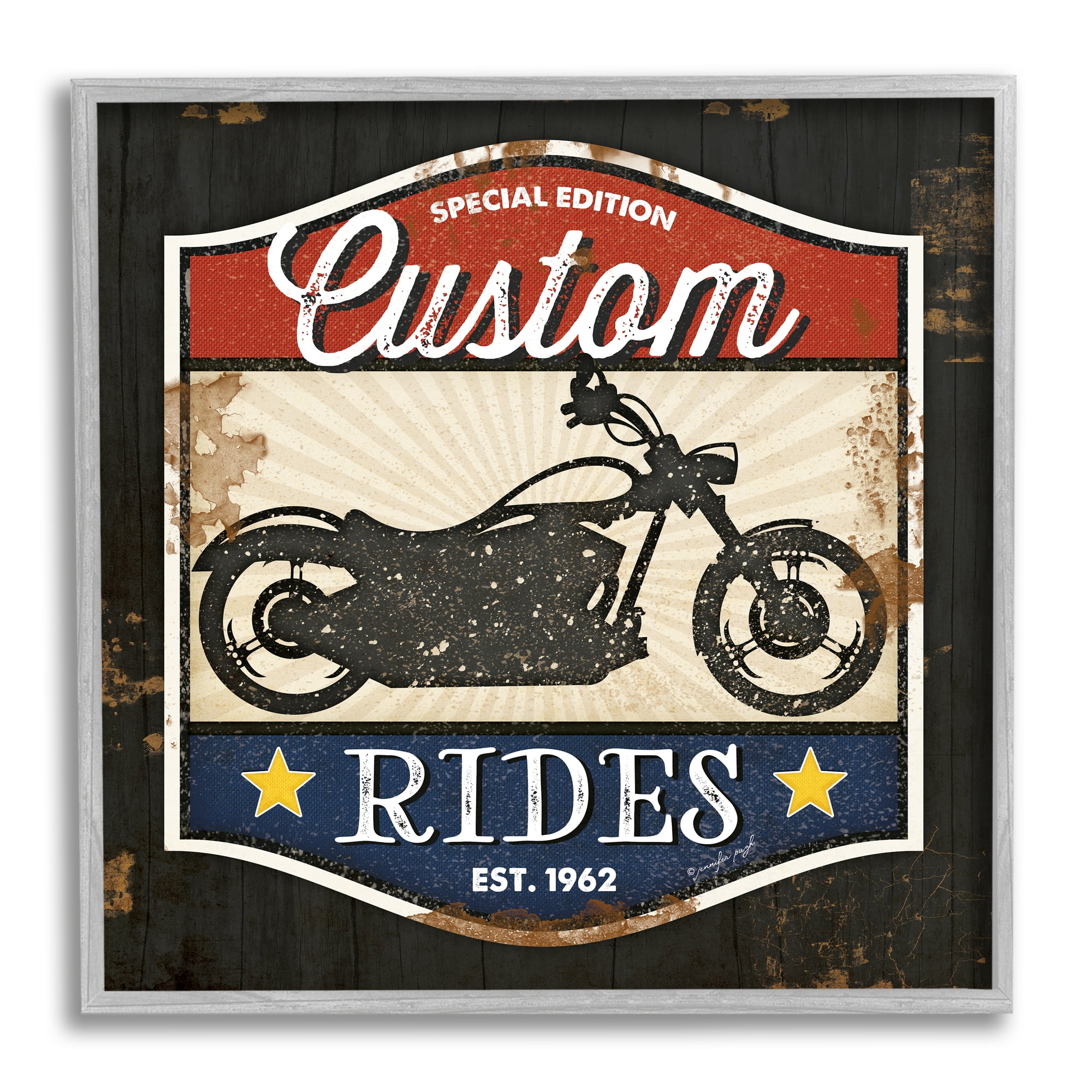 Stupell Industries Custom Rides Motorcycle Sign Vintage Americana Bike Country Painting Gray Framed Art Print Wall Art, 24 x 24, Design by Jennifer Pugh