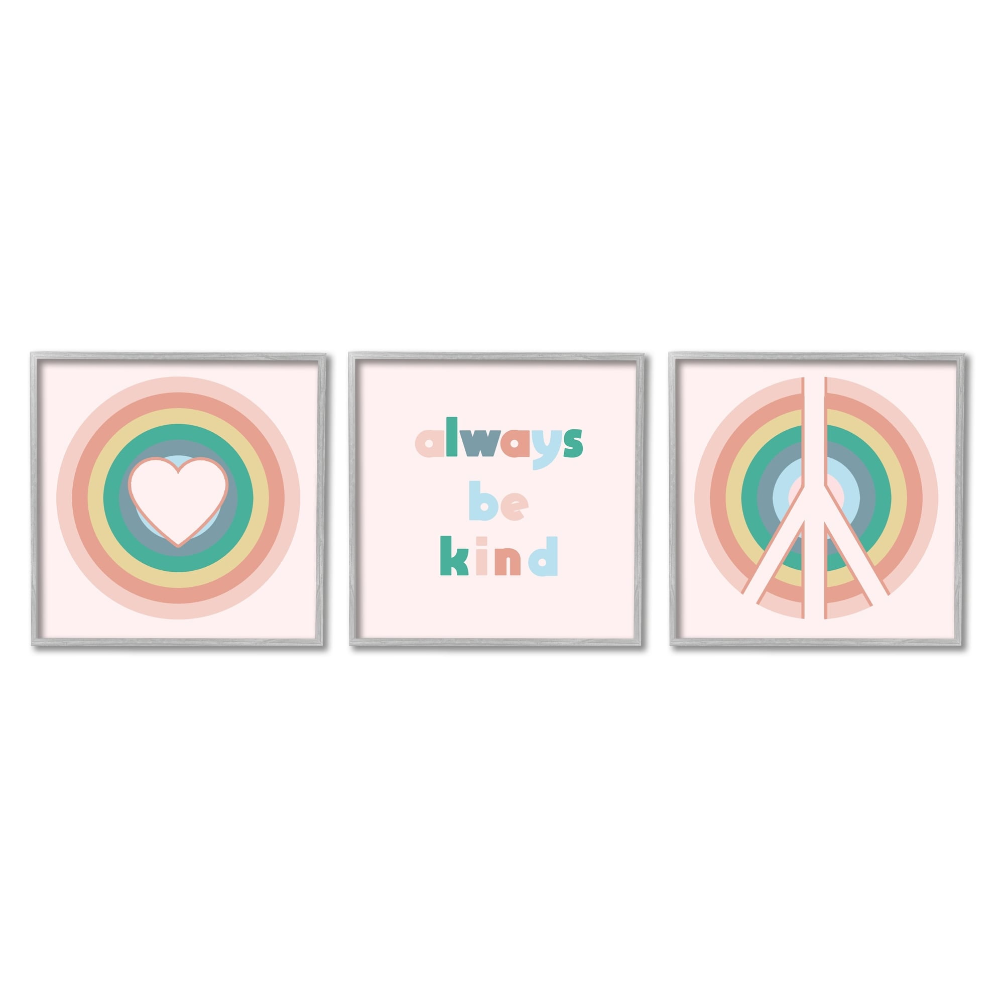Stupell Industries Cute Always Be Kind Quote Rainbow Peace Sign Graphic Art Gray Framed Art Print Wall Art Set of 3, 17x17, by Daphne Polselli