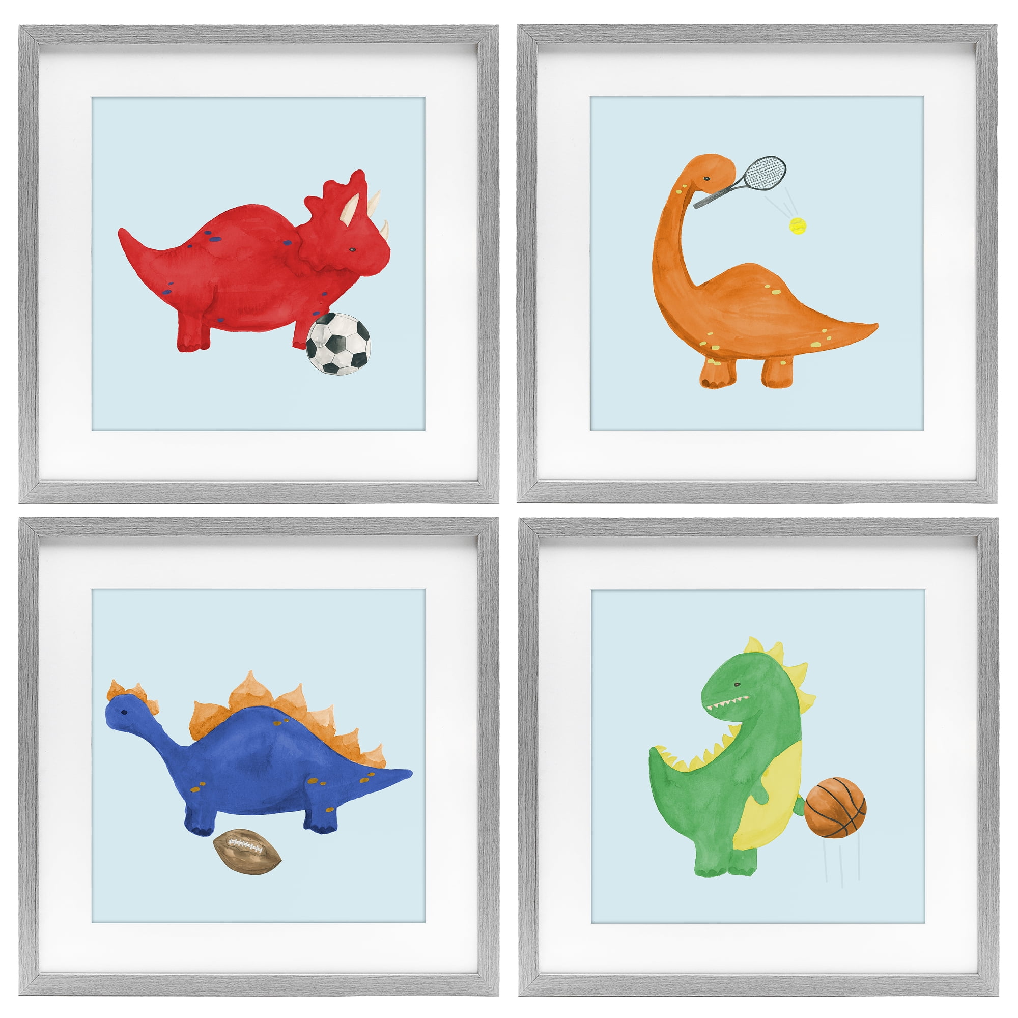 Stupell Industries Cute Animals Playing Sports 4 Piece Gray Framed Print Under Glass Set, design by Lucille Price