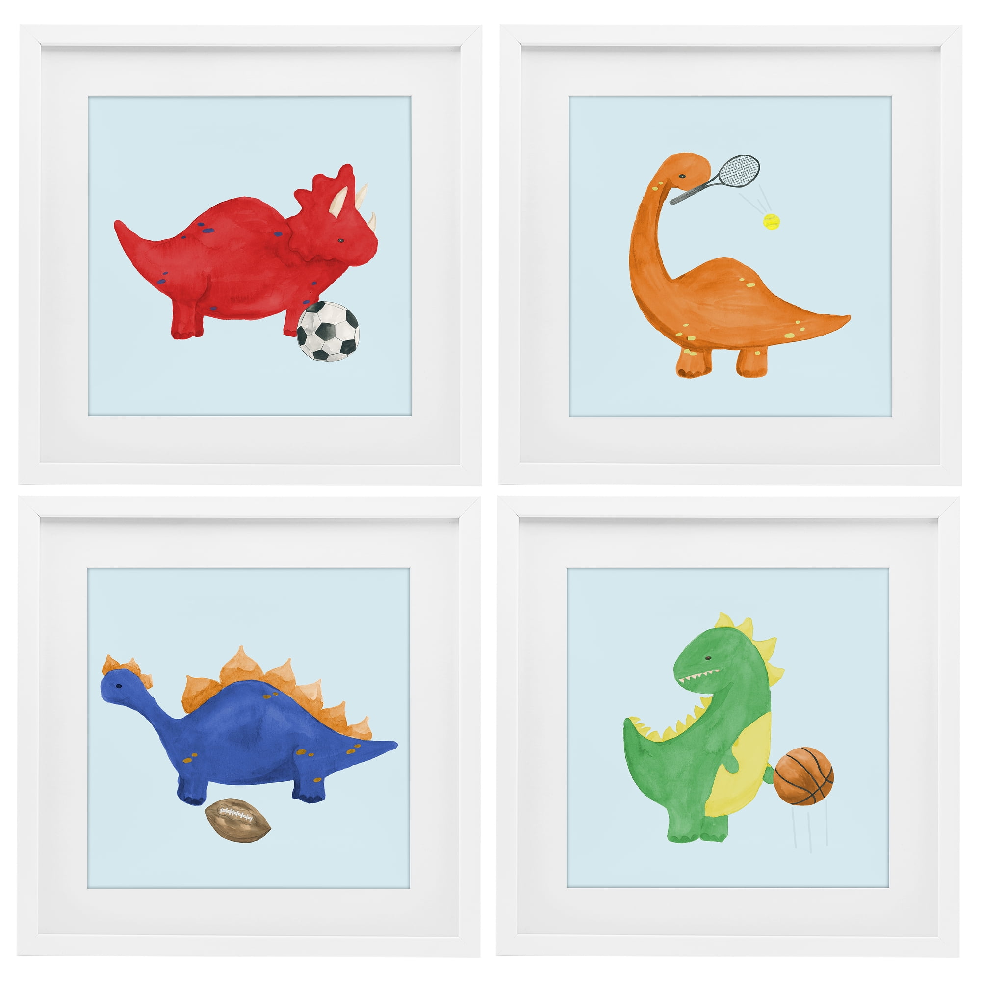 Stupell Industries Cute Animals Playing Sports 4 Piece White Framed Print Under Glass Set, design by Lucille Price