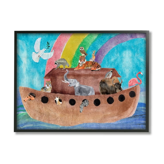 Stupell Industries Cute Animals Watercolor Noah's Ark Under Rainbow Black Framed by Alica Ludwig