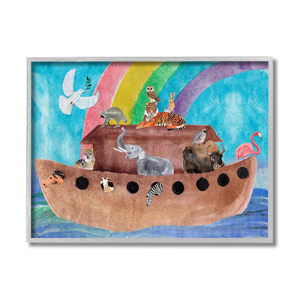 Stupell Industries Cute Animals Watercolor Noah's Ark Under Rainbow Gray Framed by Alica Ludwig